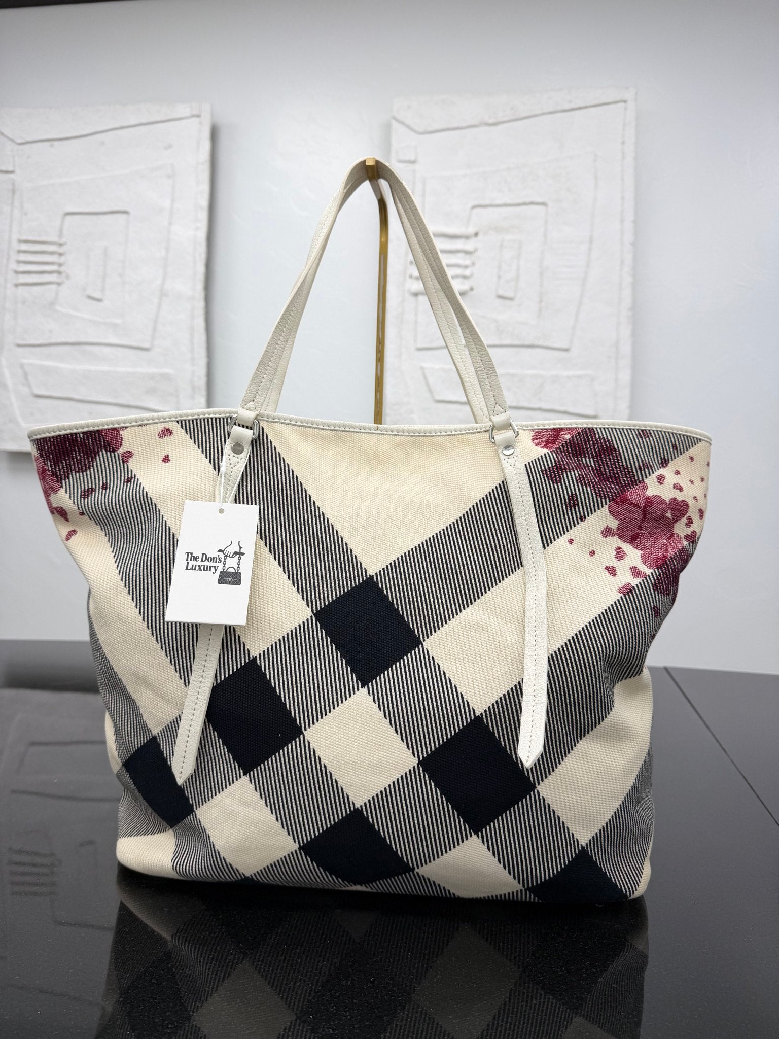 Burberry Cream Confetti Heart Check Canvas Large Tote Bag