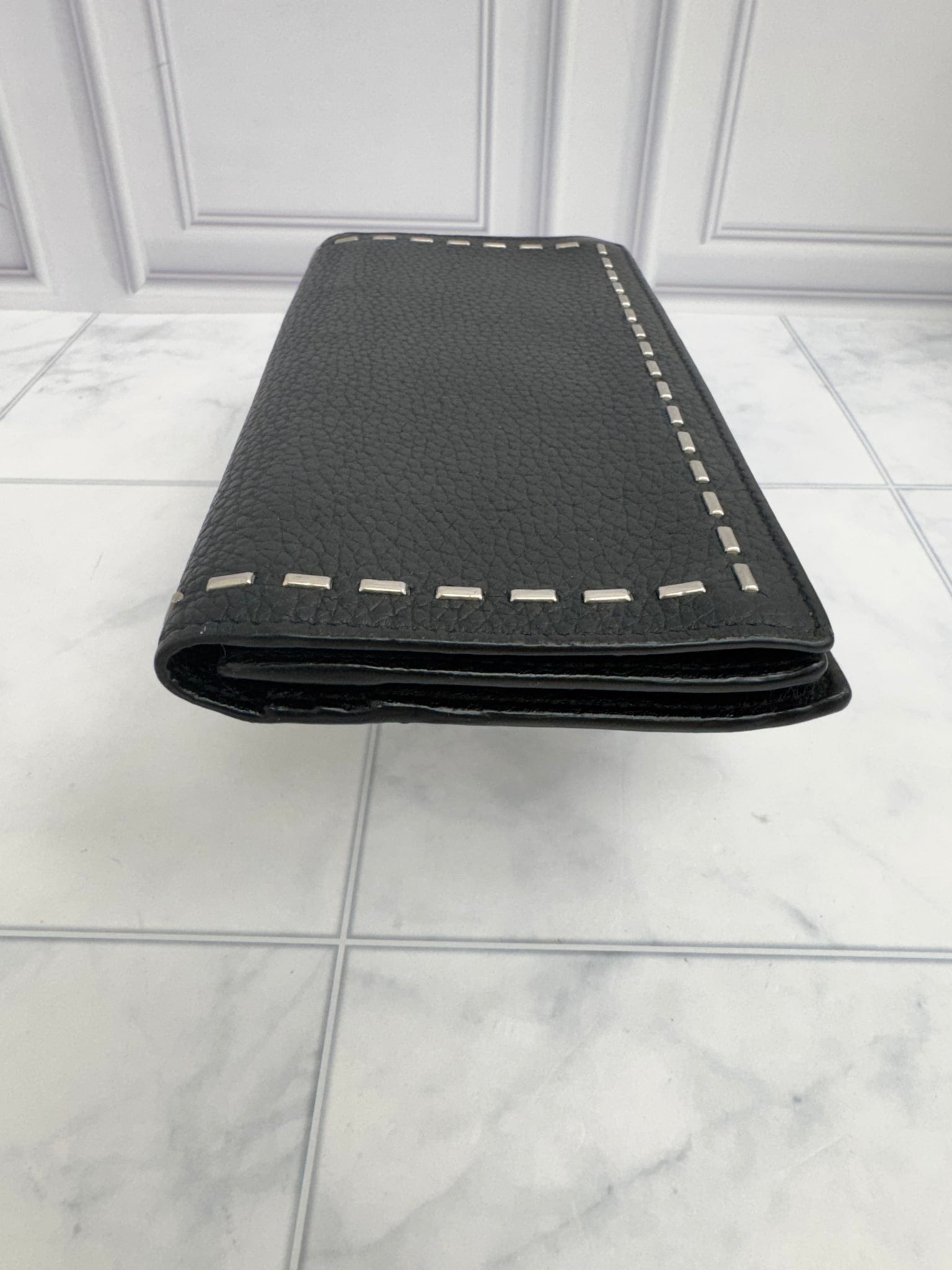 Fendi Black Grained Leather Studded Long Wallet