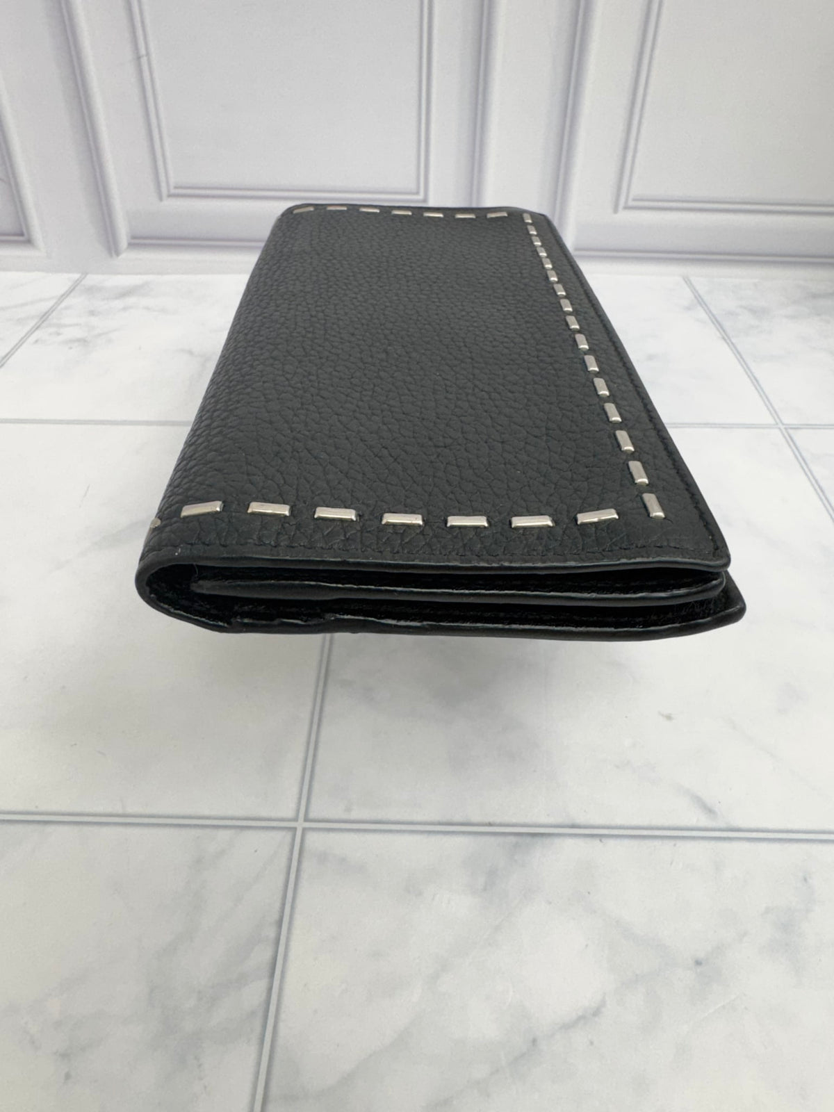 Fendi Black Grained Leather Studded Long Wallet