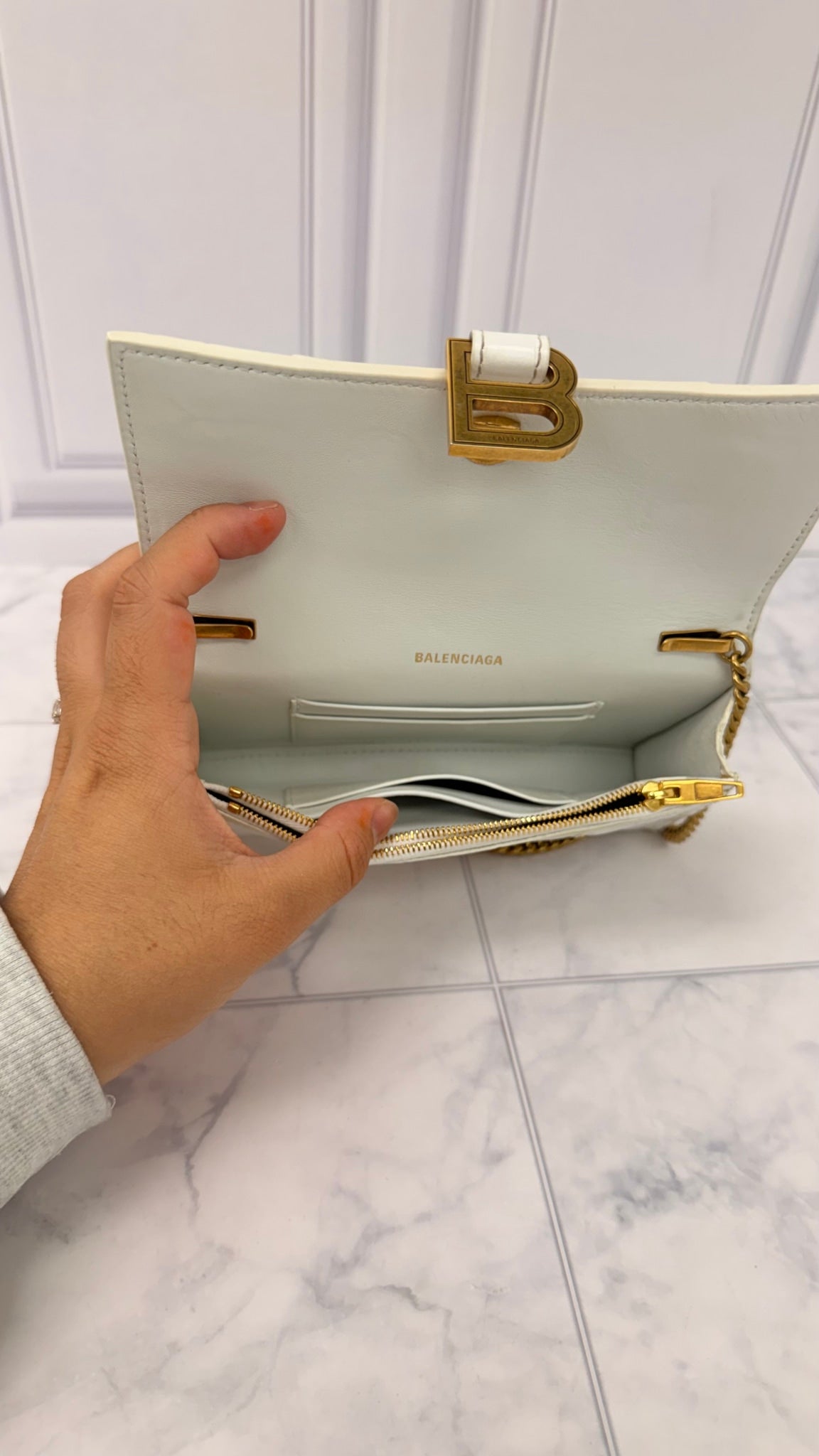 Balenciaga White Croc Embossed Leather Wallet On a chain