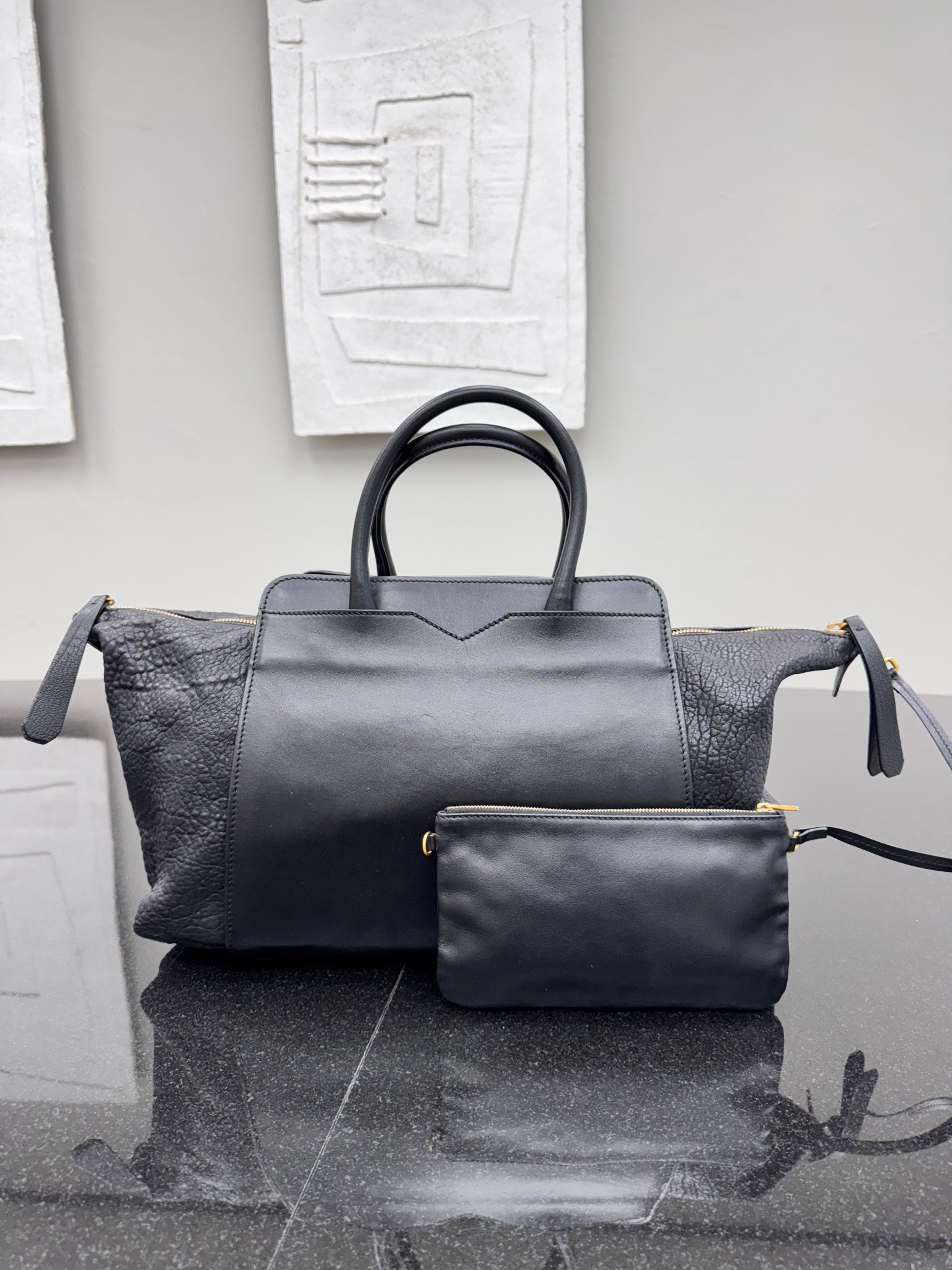 MCM Black Pebbled Leather Large Tote Bag