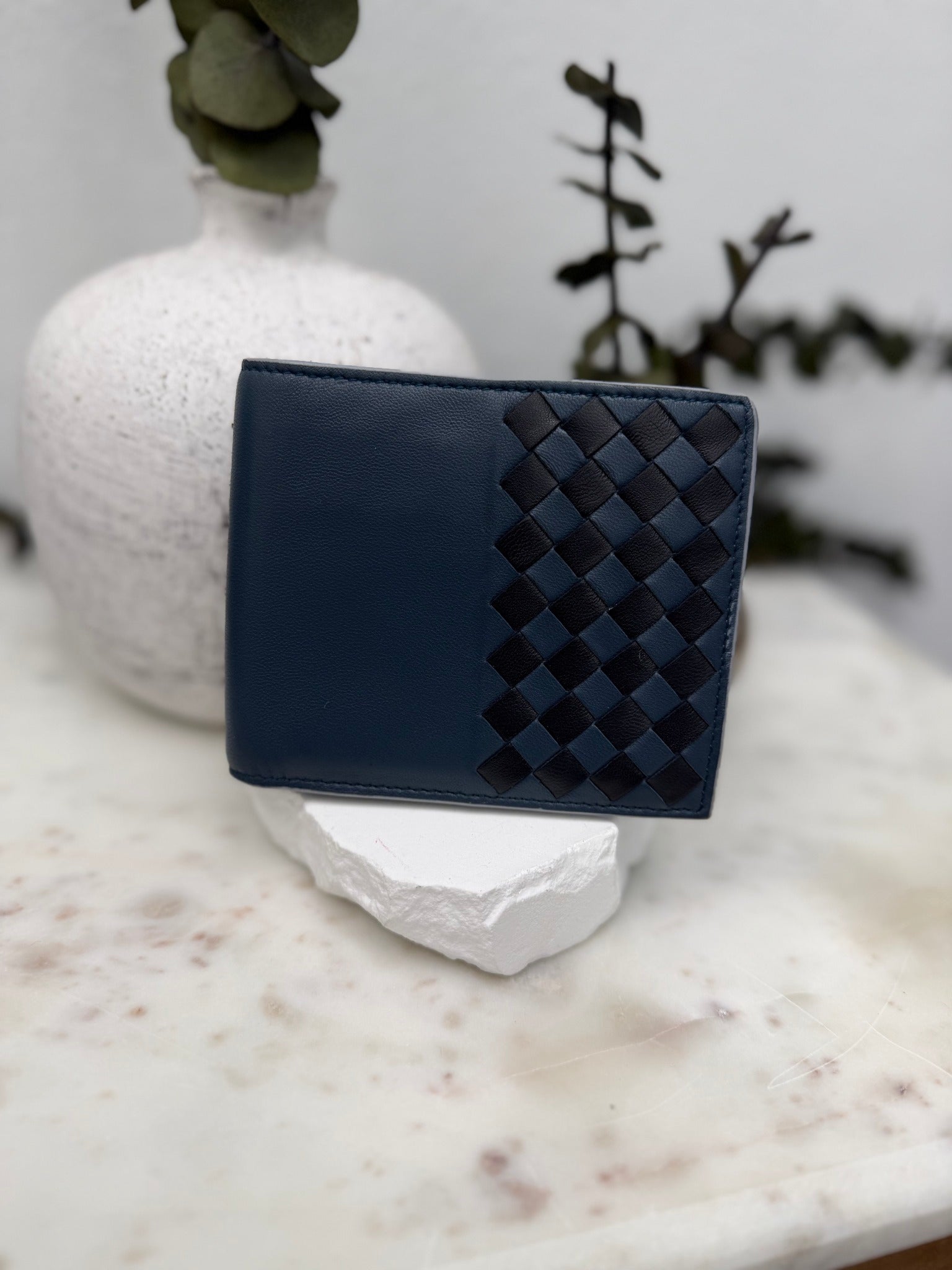 Bottega Veneta Blue & Black Intracciato Leather Bifold