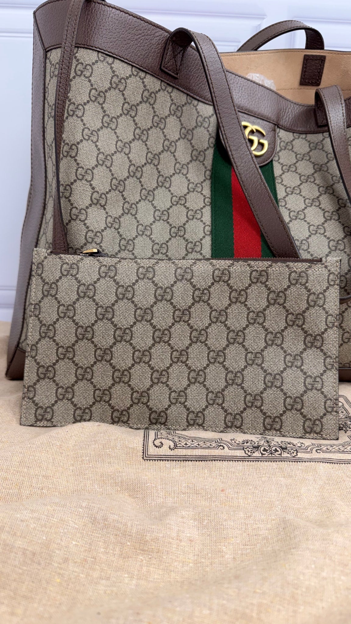 Gucci Supreme Canvas & Leather Ophidia Large Tote Bag With Pouch