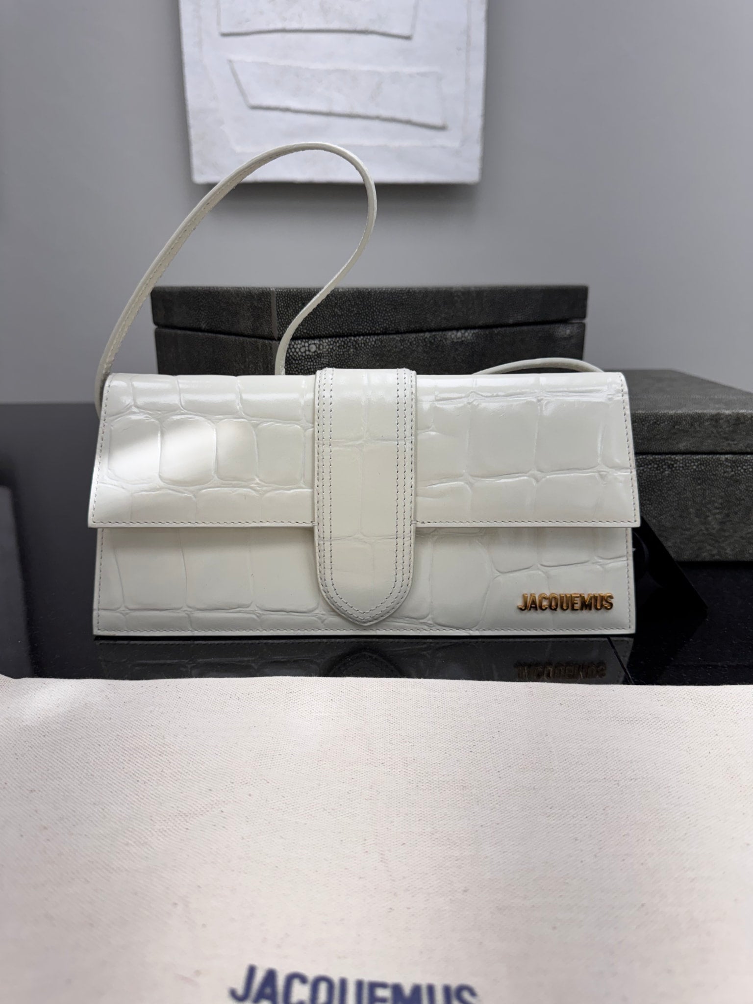 BRAND NEW Jacquemus White Croc Embossed Patent Leather Le Bambino Long Bag