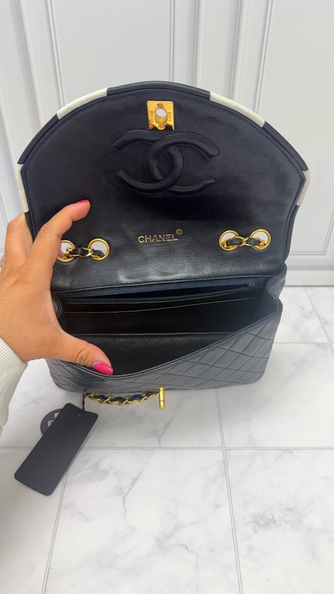 Chanel Navy Blue Lambskin Leather Half Moon Chain Shoulder Bag