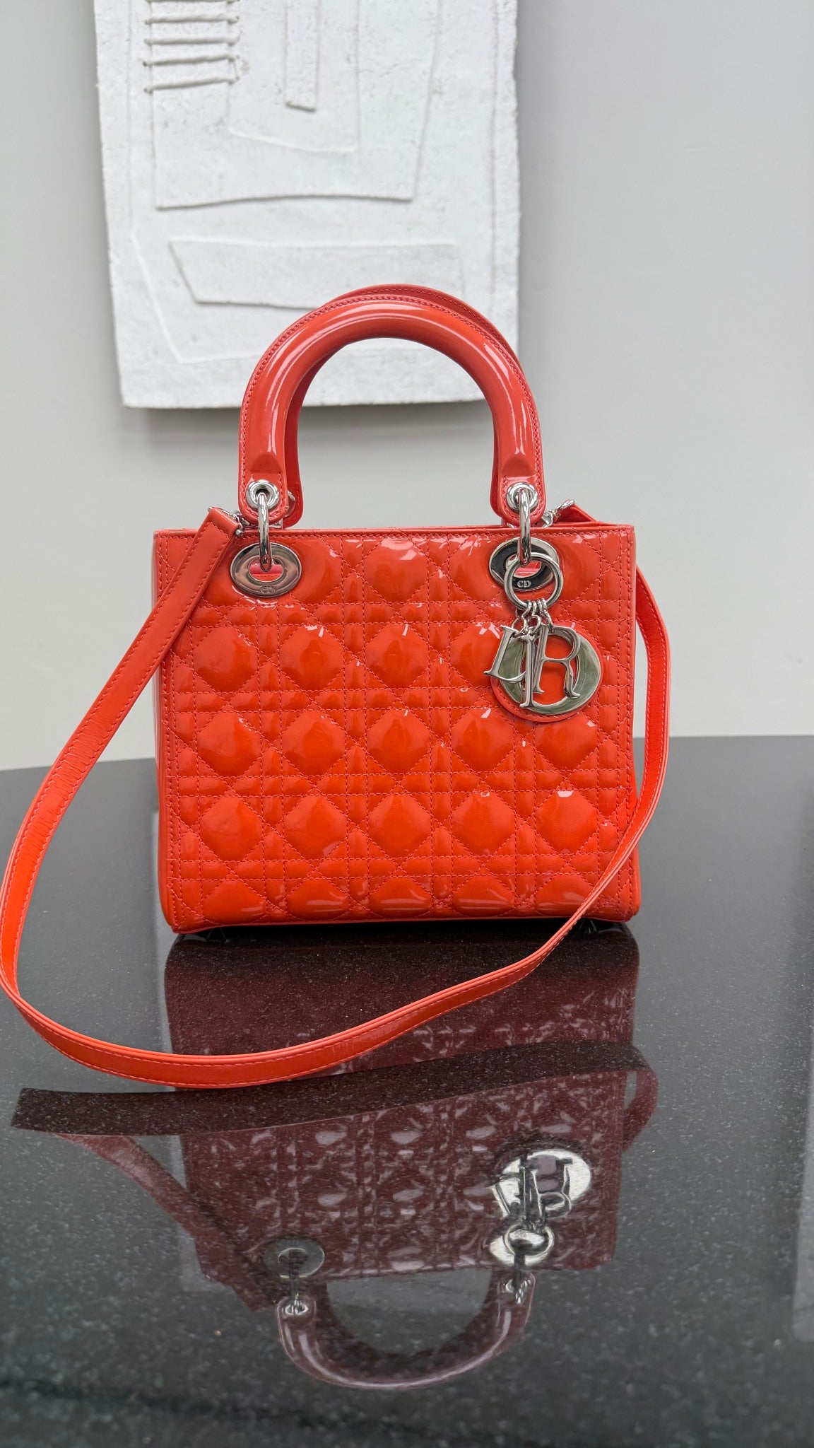 Christian Dior Orange Patent Leather Cannage Medium Lady Dior