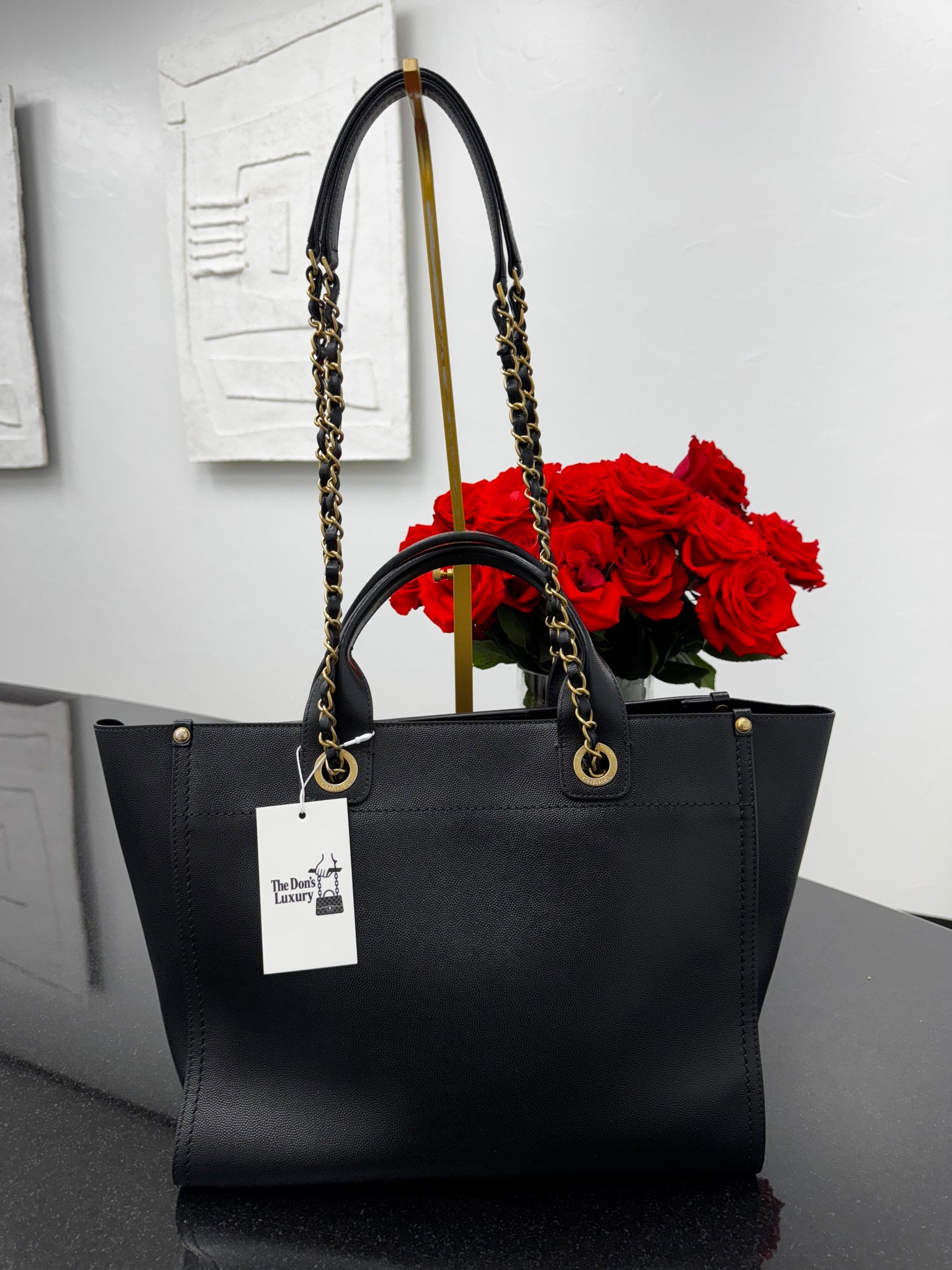 Chanel Black Caviar Leather Deauville Studded Small Tote Bag