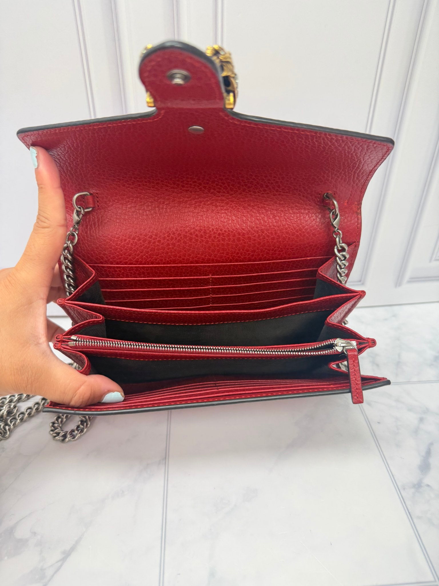 Gucci Red Grained Leather Dionysus Wallet On A Chain