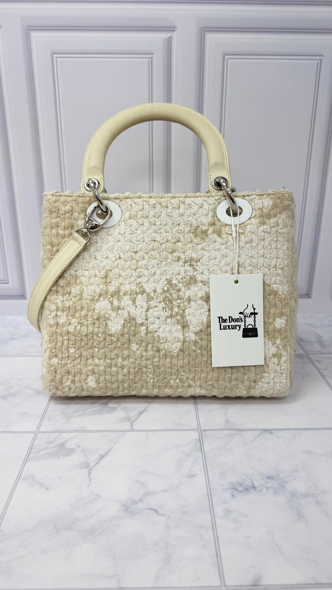 Christian Dior Ivory Tweed And Pearl Lady Dior Handbag