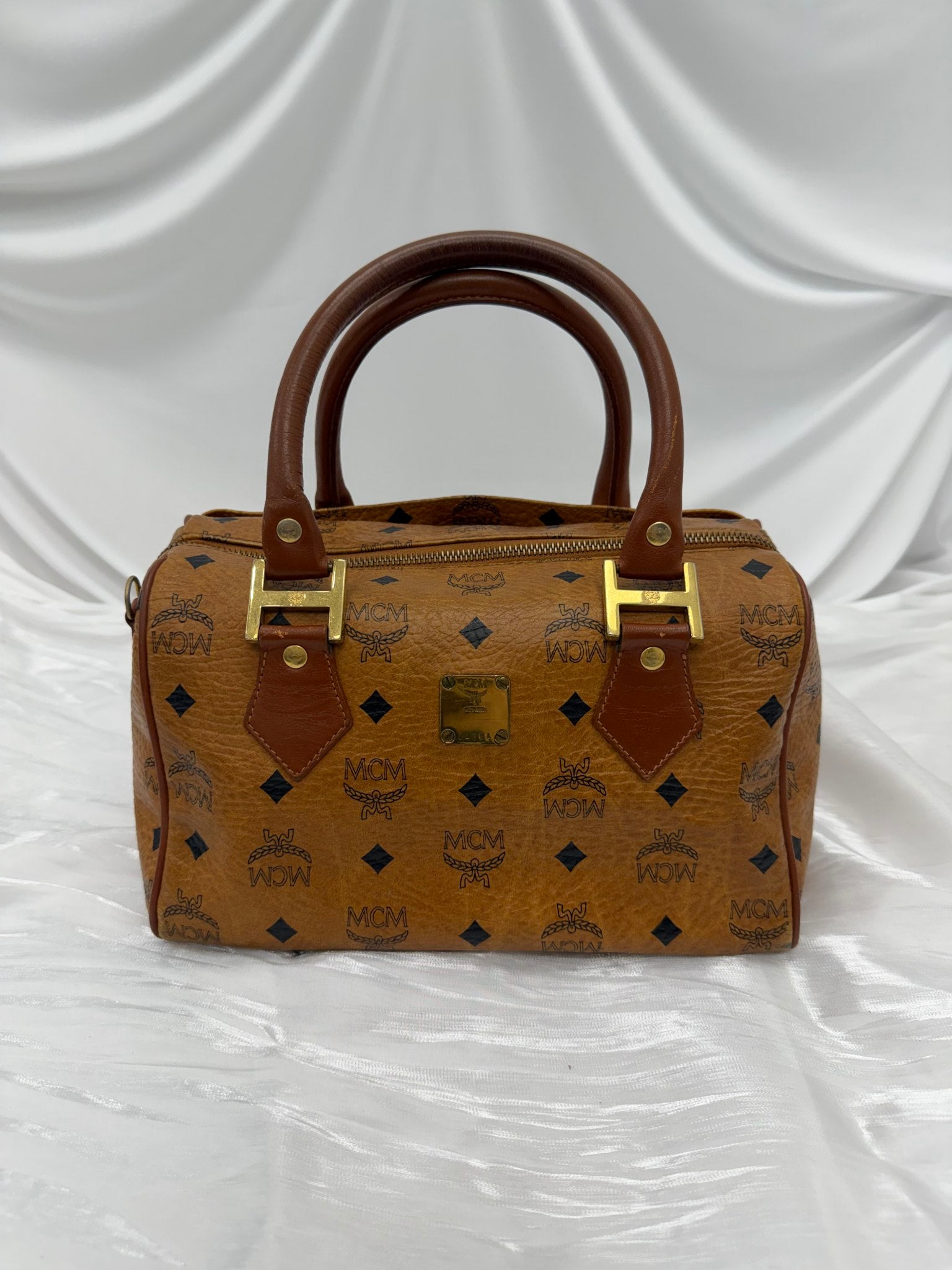 MCM Cognac Visetos Coated Canvas Small Heritage Boston Bag