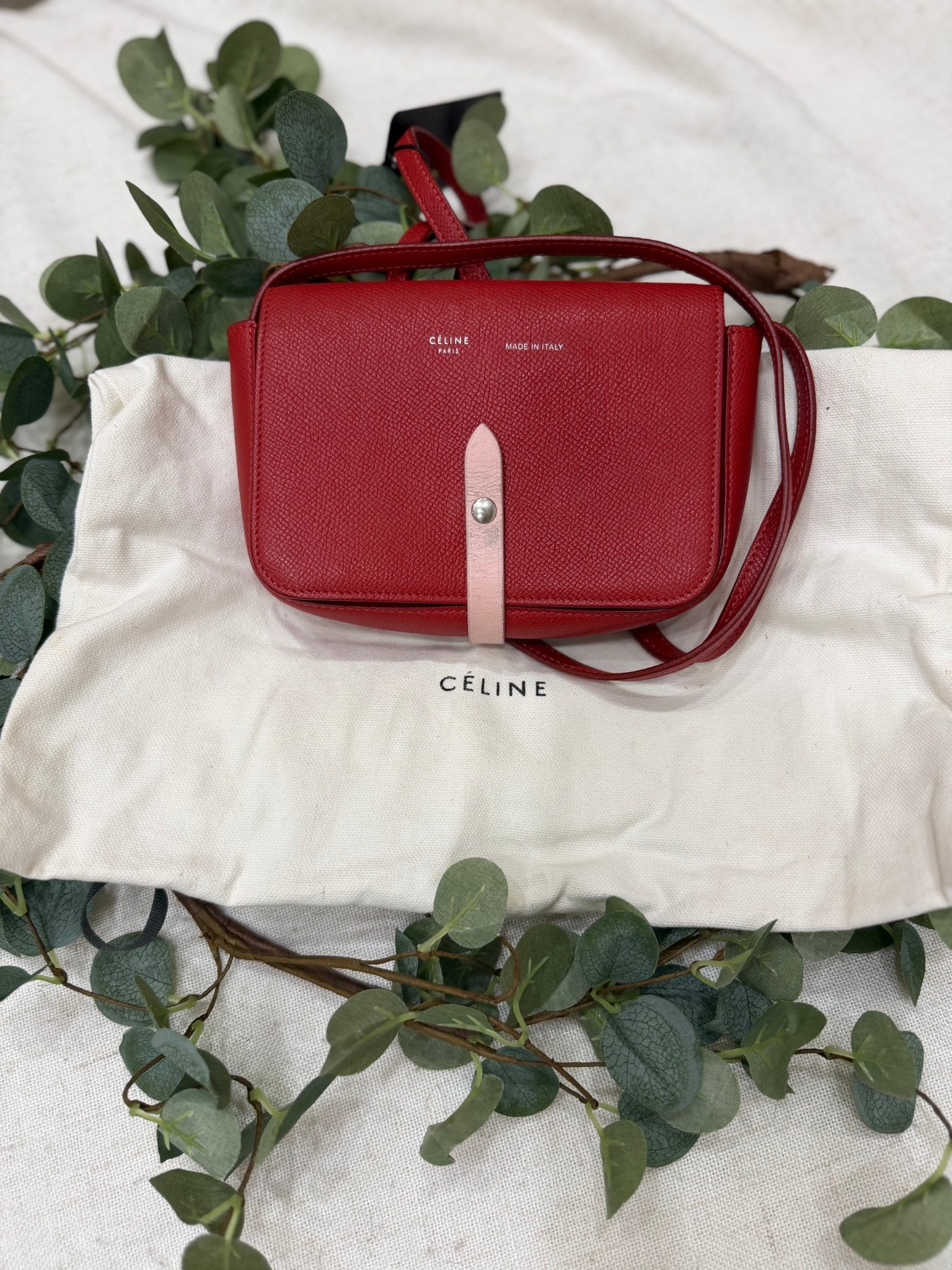 Celine Red Leather Celine Strap Clutch Bag