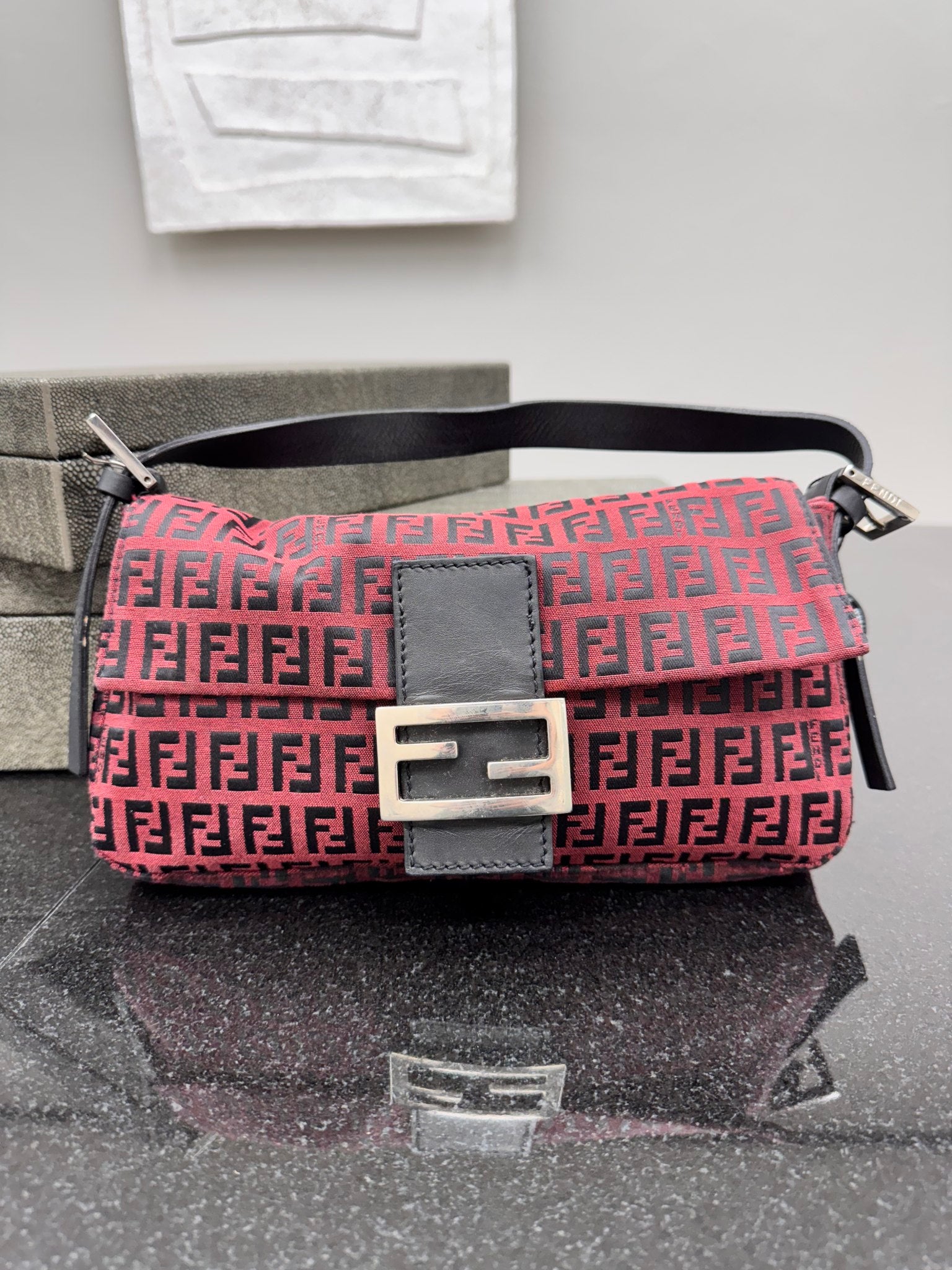Fendi Red And Black Zucca FF Monogram Canvas Baguette Shoulder Bag