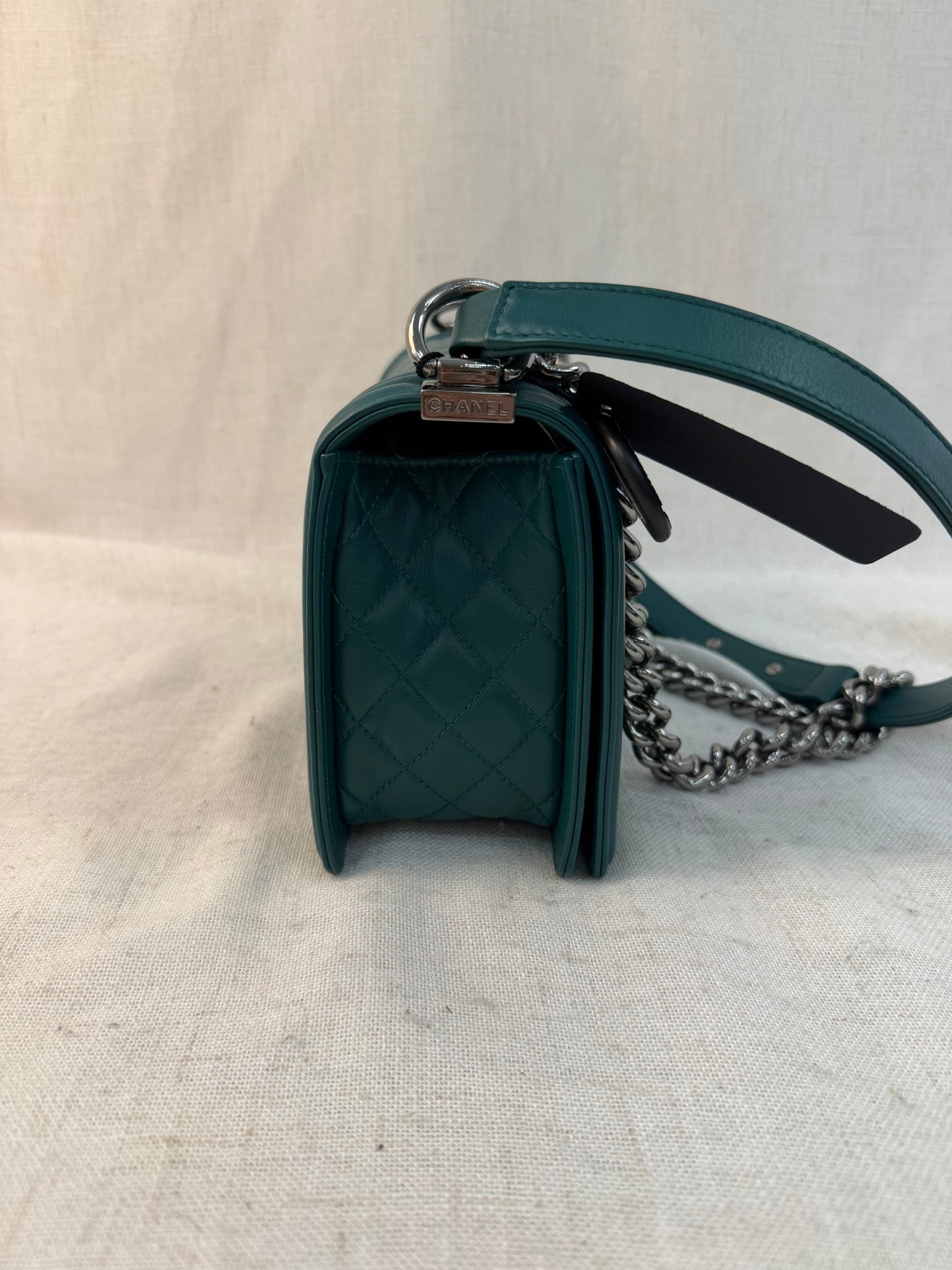 Chanel Dark Teal Calfskin Quilted Medium Boy Bag