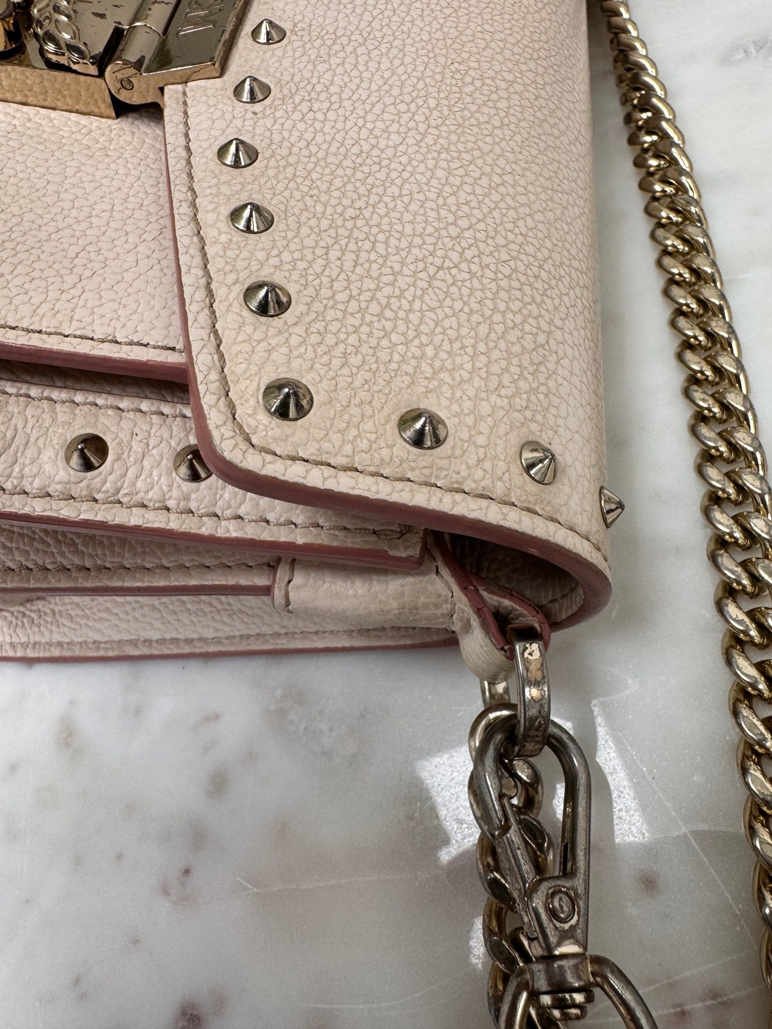 MCM Beige Studded Pebbled Leather Crossbody Bag