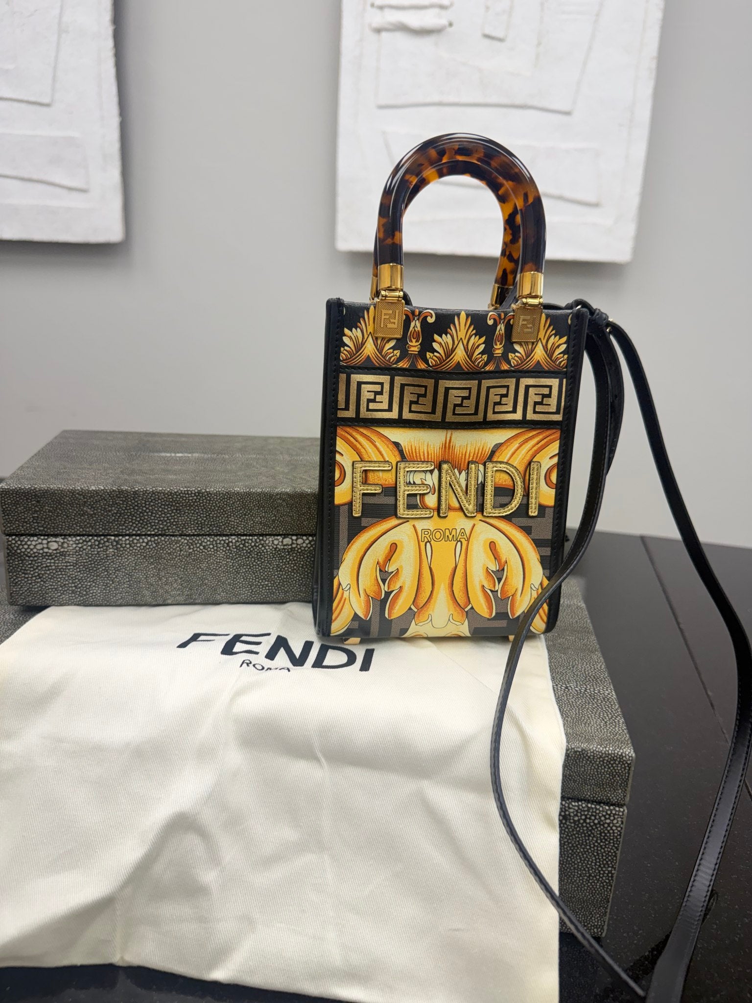 Fendi Yellow And Black Leather Fendace Mini Sunshine Shopper Crossbody Bag