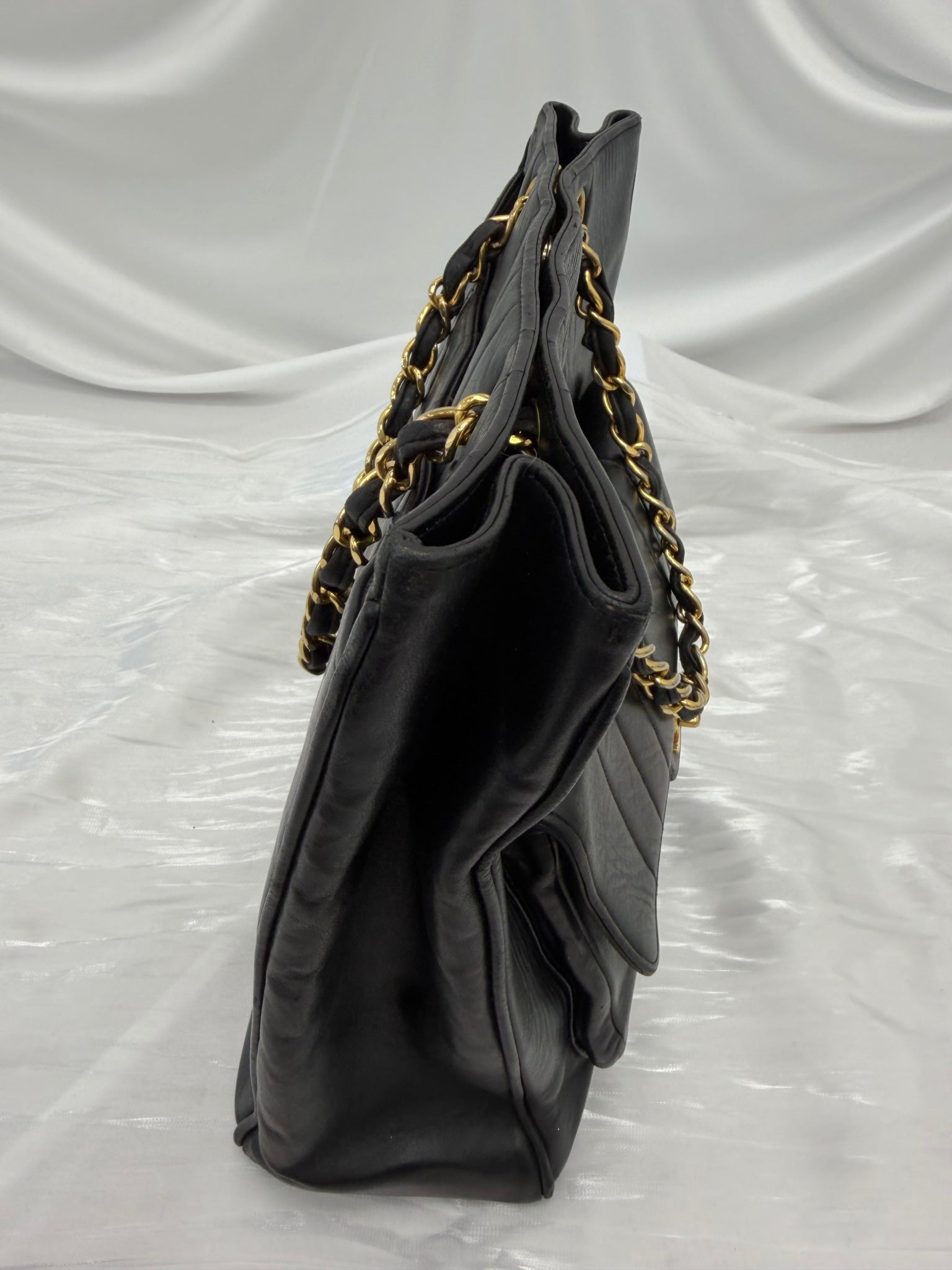 Chanel Black Leather Vertical Striped Mademoiselle Tote