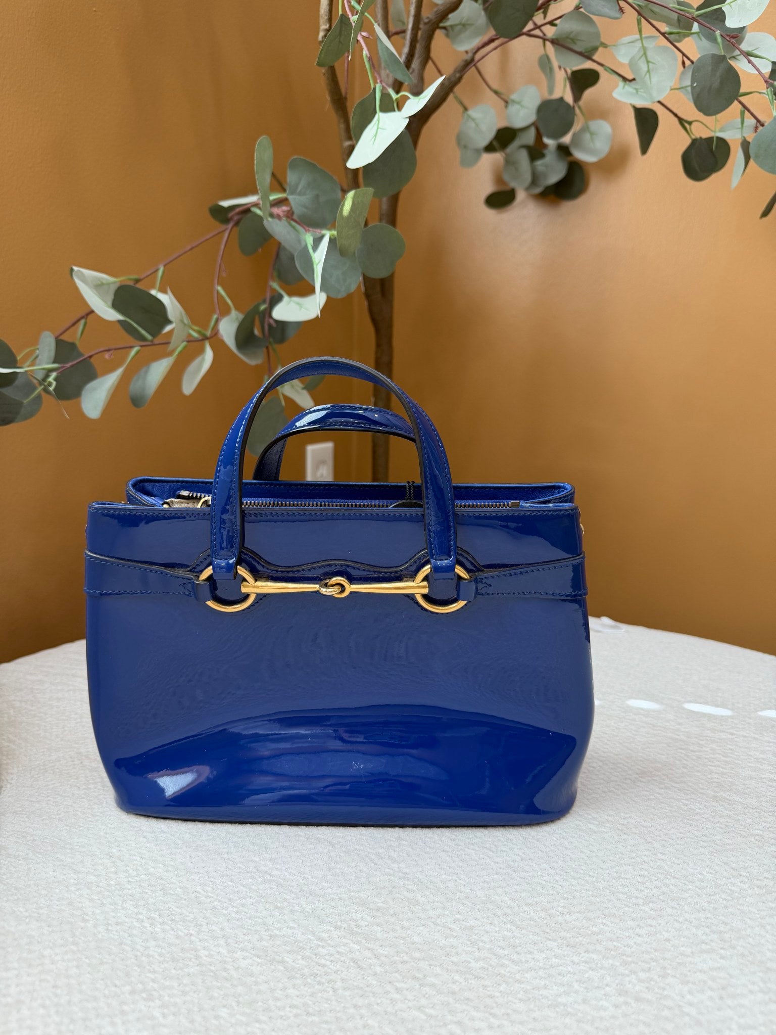 Gucci Bright Blue Patent Leather Bit Medium Tote Bag