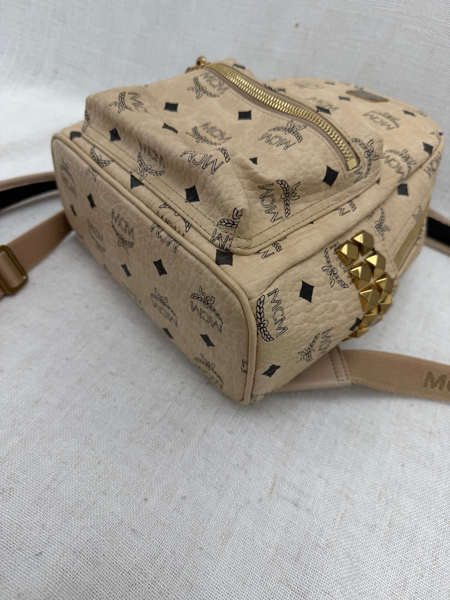 MCM Beige Visetos Leather Studded Mini Backpack