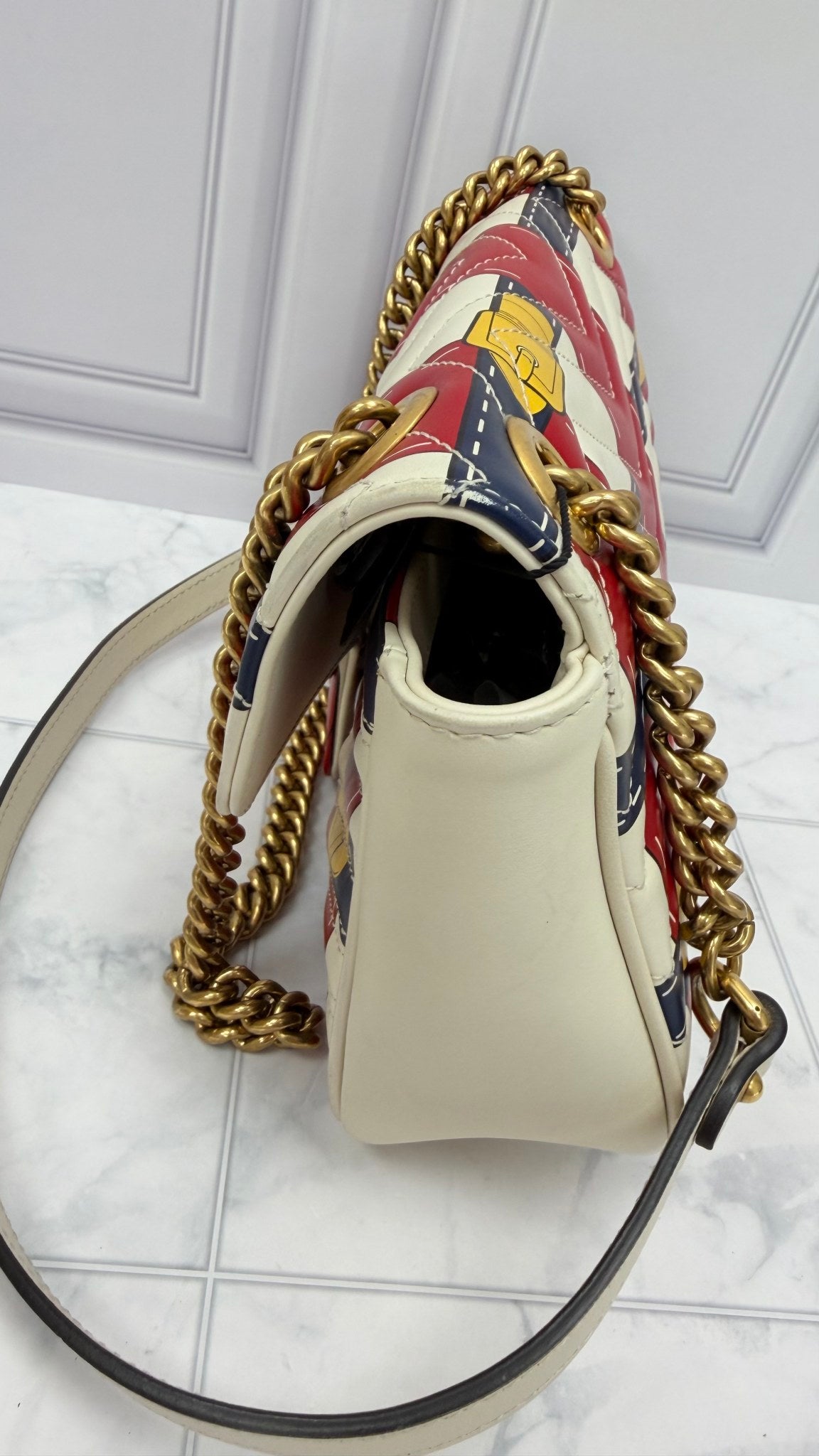 Gucci Mutlicolor Buckle Printed Leather Small Marmont Flap Bag