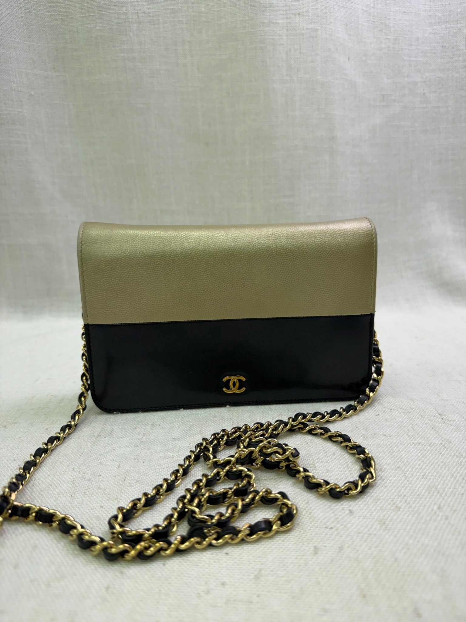 Chanel Gold Caviar & Black Calfskin Wallet on a Chain