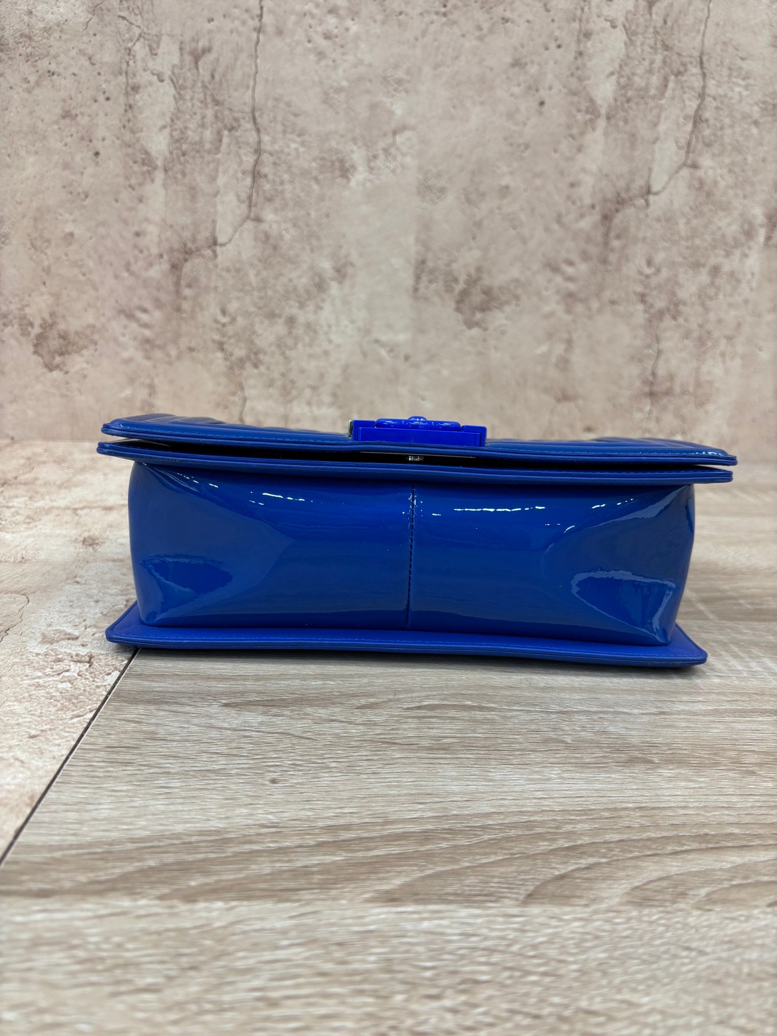 Chanel Blue Patent Leather Quilted Boy Bag