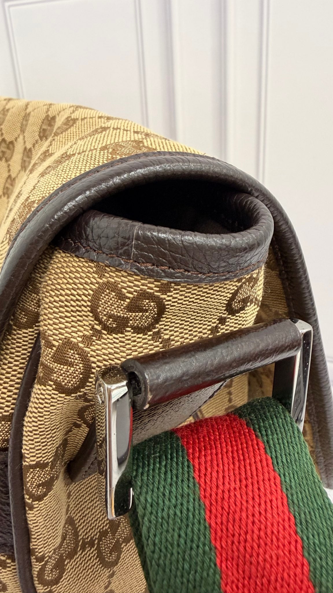 Gucci Monogram Canvas GG Web Flap Messenger Bag
