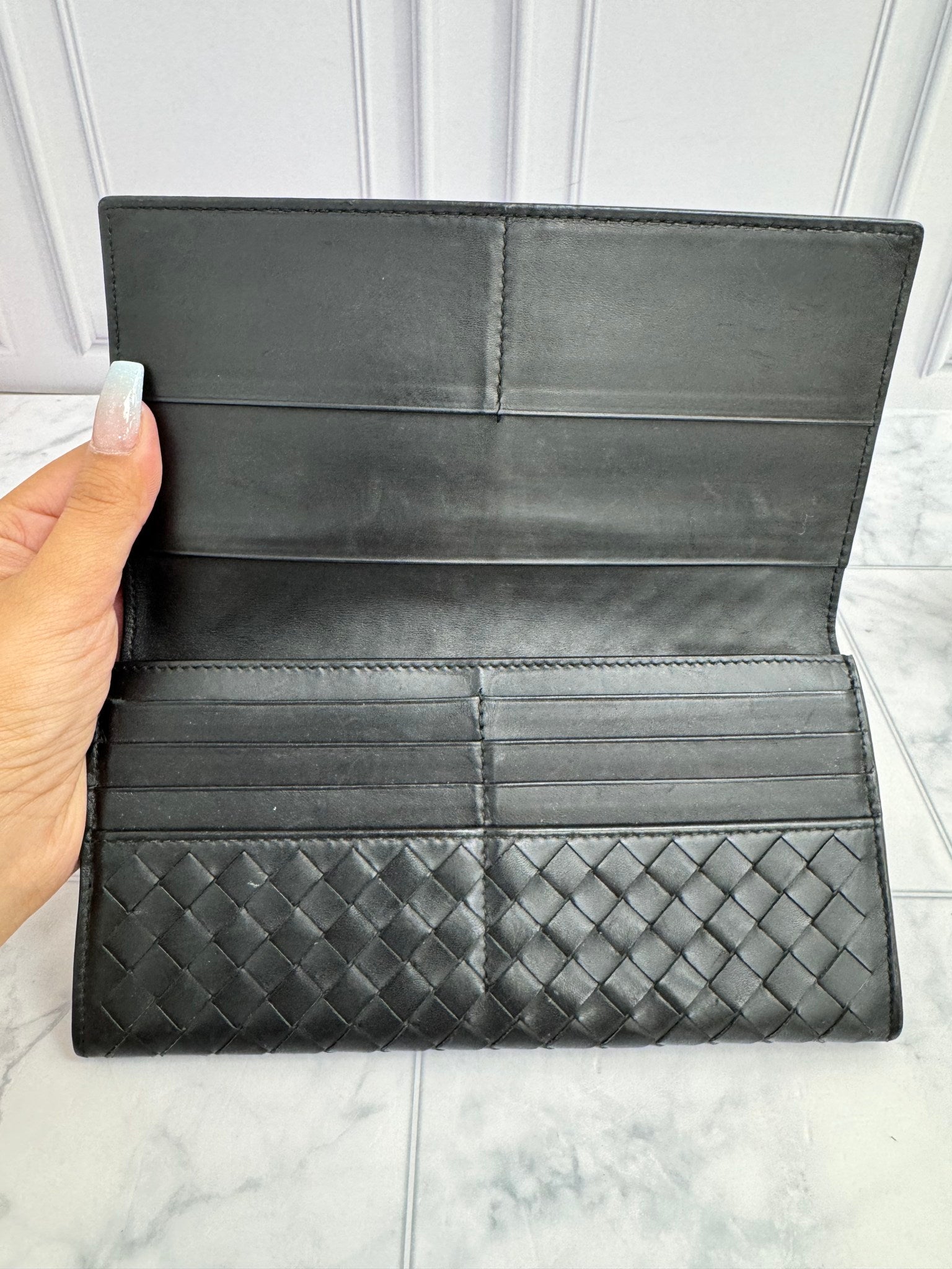 Bottega Veneta Black Intrecciato Leather Long Wallet