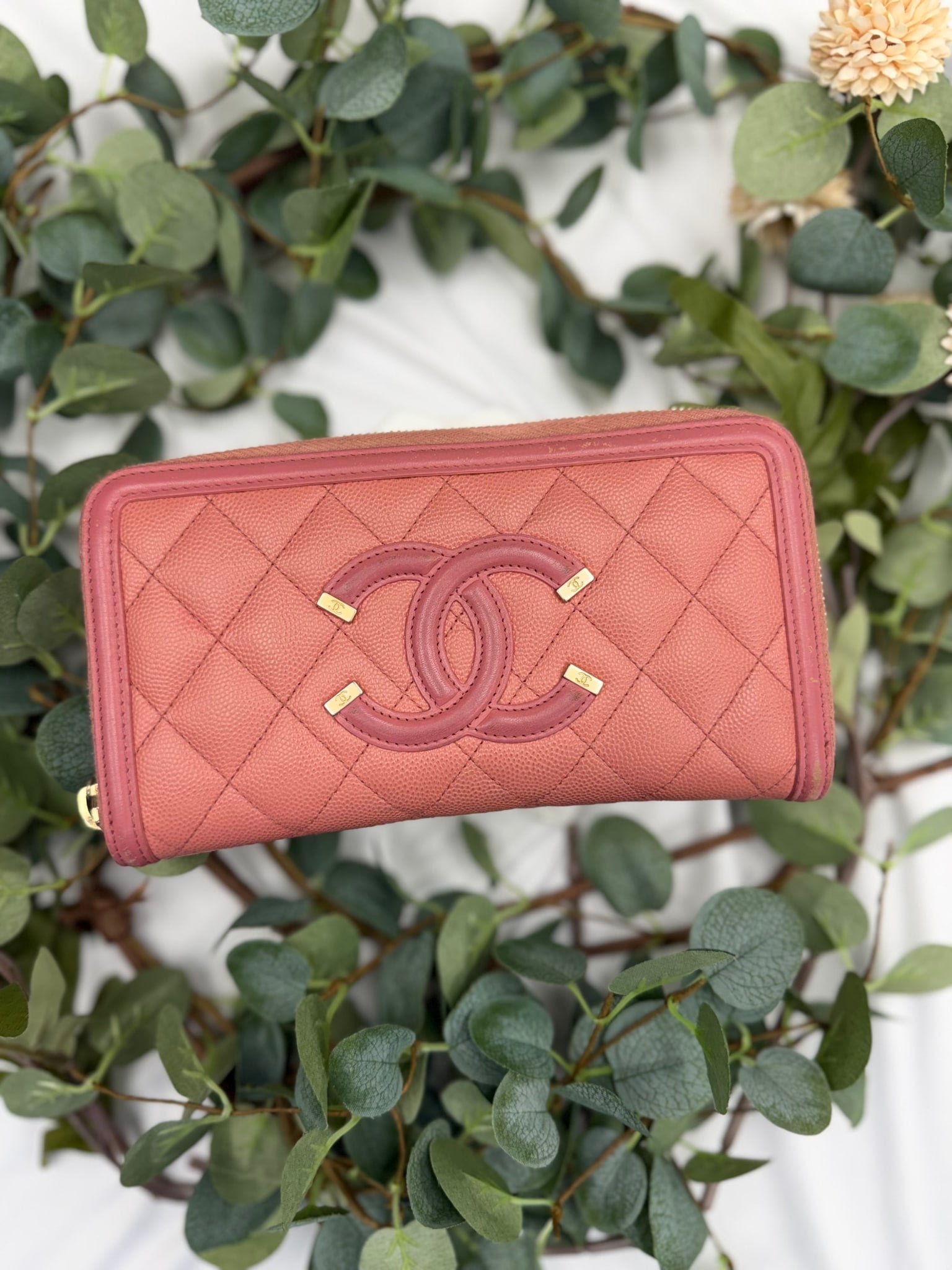 Chanel Pink Quilted Caviar Leather CC Filigree Zippy wallet