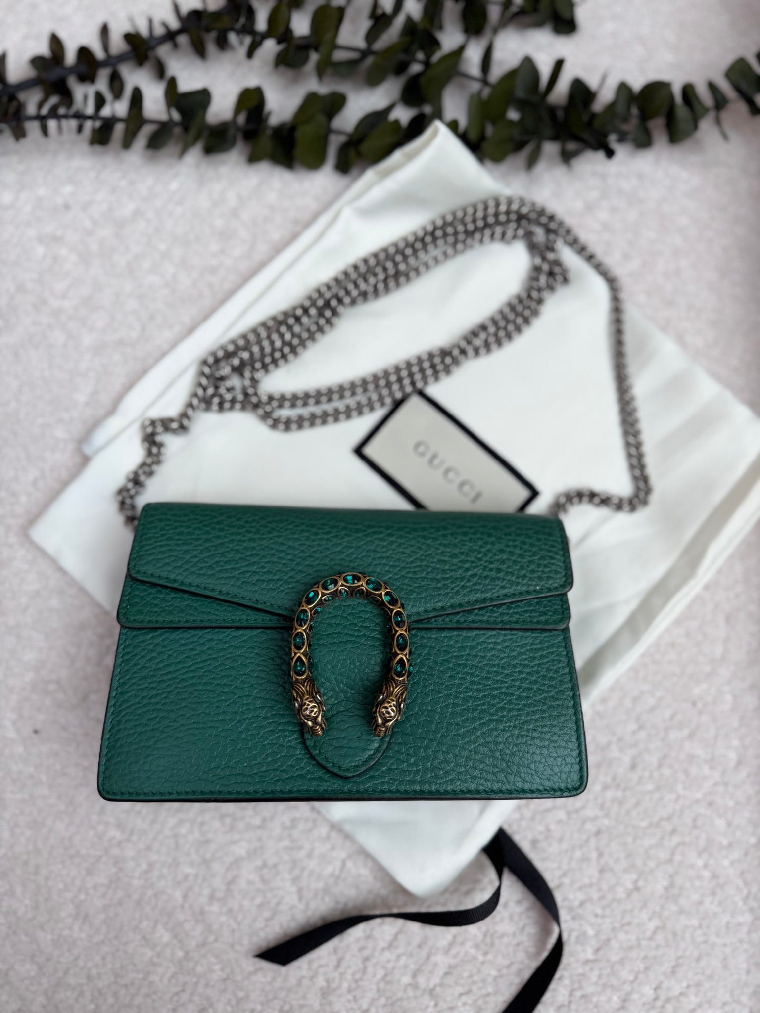 Gucci Emerald Green Grained Leather Super Mini Dionysus Bag