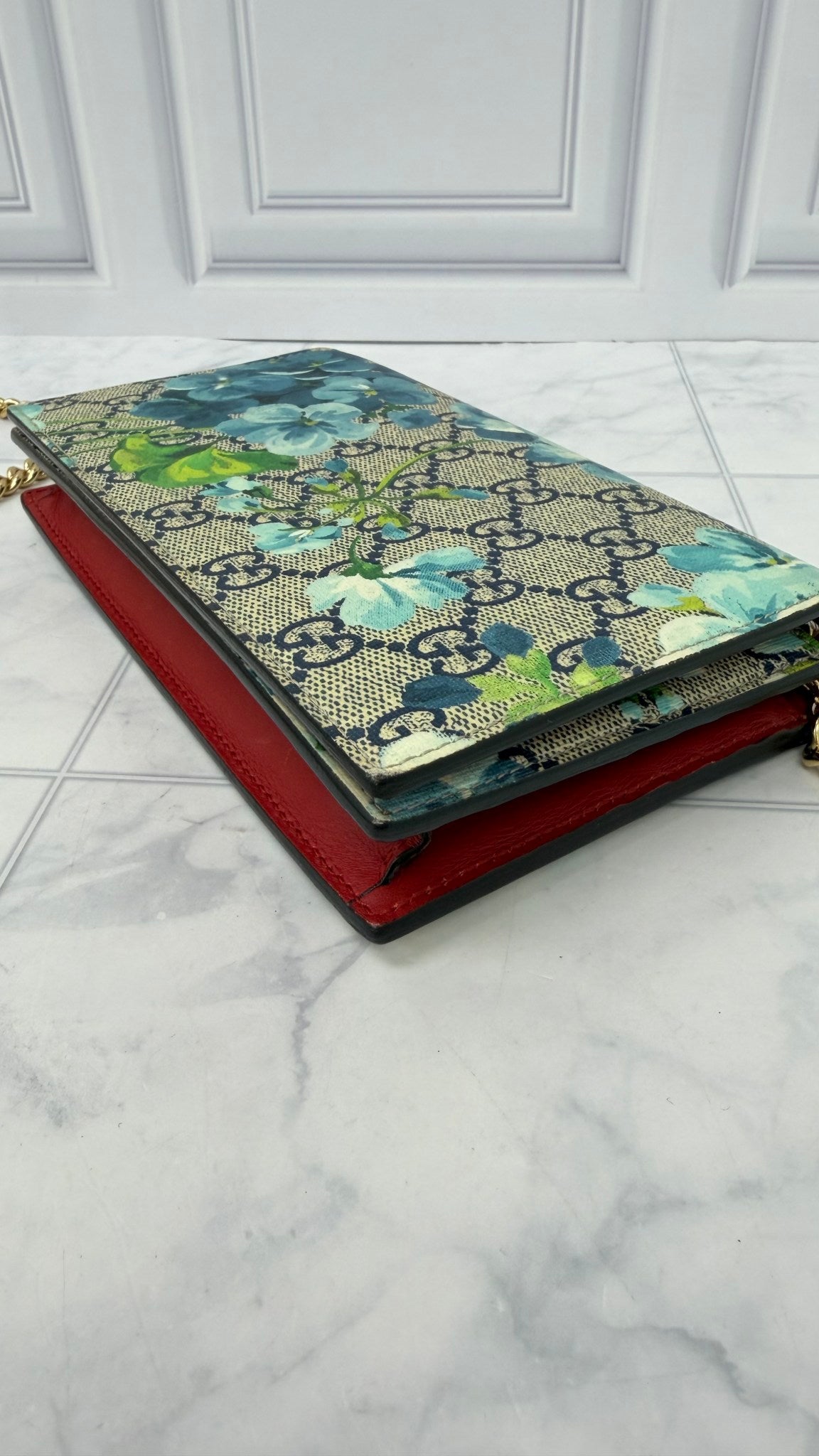 Gucci Blue GG Supreme Blooms Wallet on A Chain