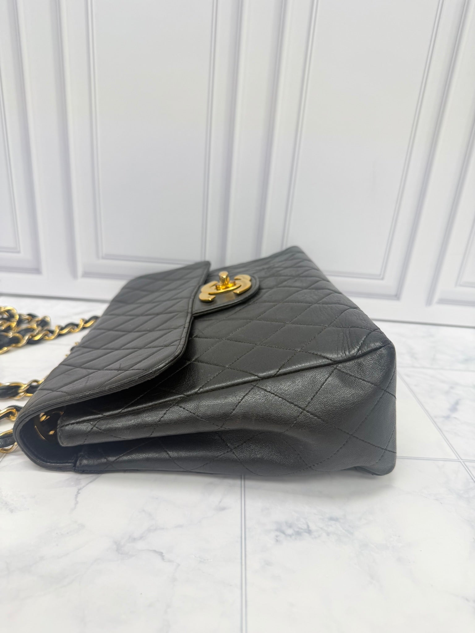 Chanel Vintage Black Leather Jumbo Classic Flap Bag