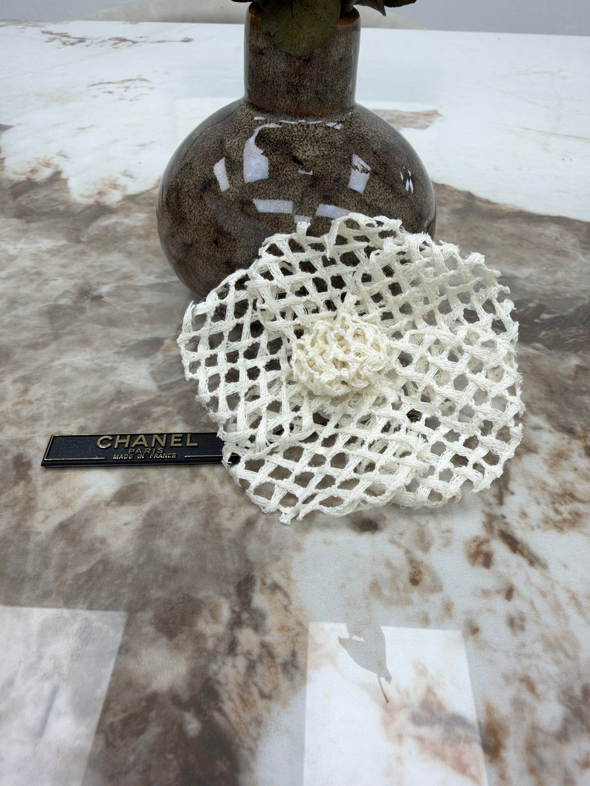 Chanel Ivory Mesh Camellia Flower Pin Brooch