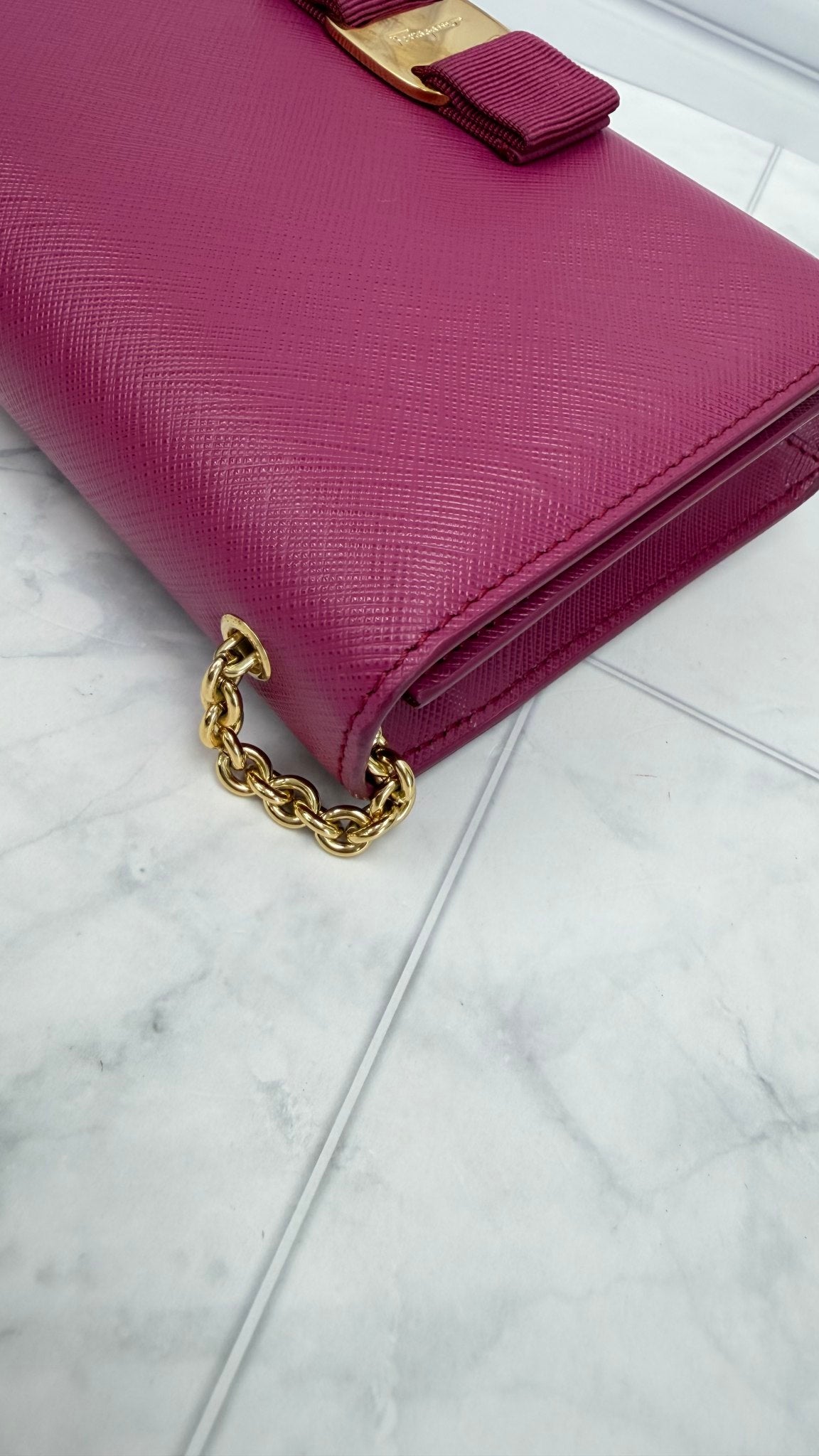 Salvatore Ferragamo Magenta Leather Bow Ginny Chain Bag