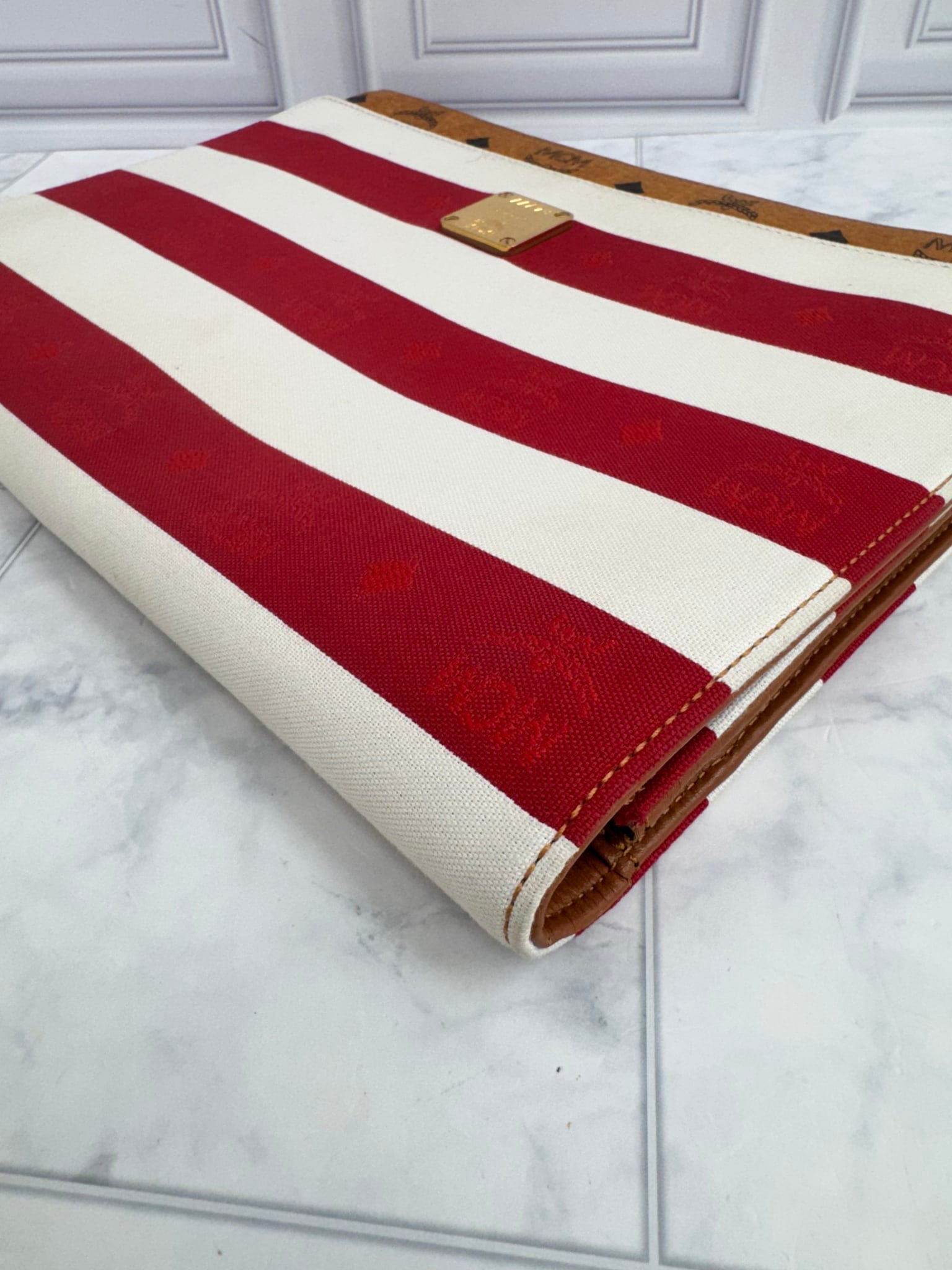 MCM Red & White Striped Visetos Canvas Clutch Bag