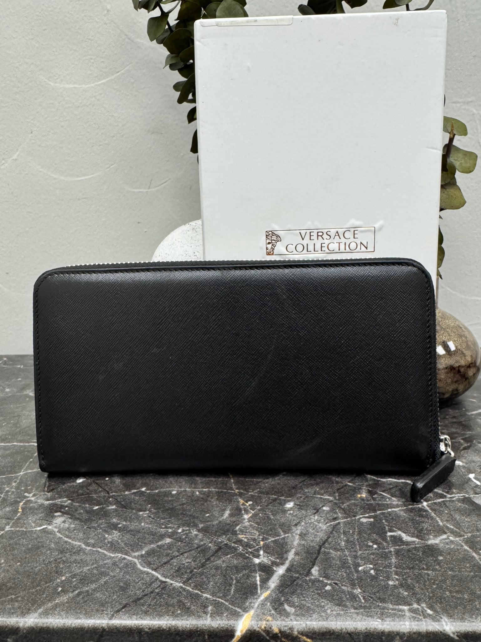 Versace Black Leather Long Zippy Wallet