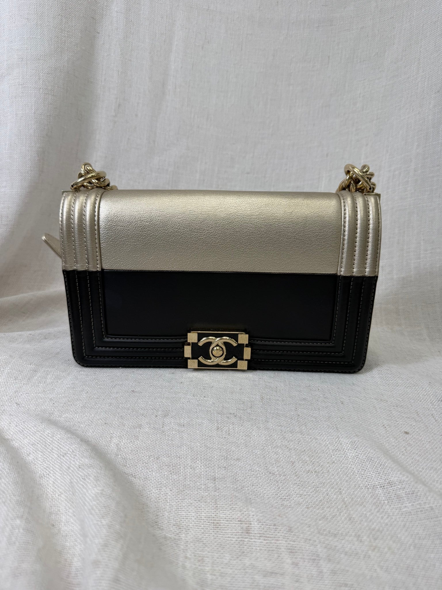 Chanel Black And Gold Calfskin Leather Boy Flap Bag