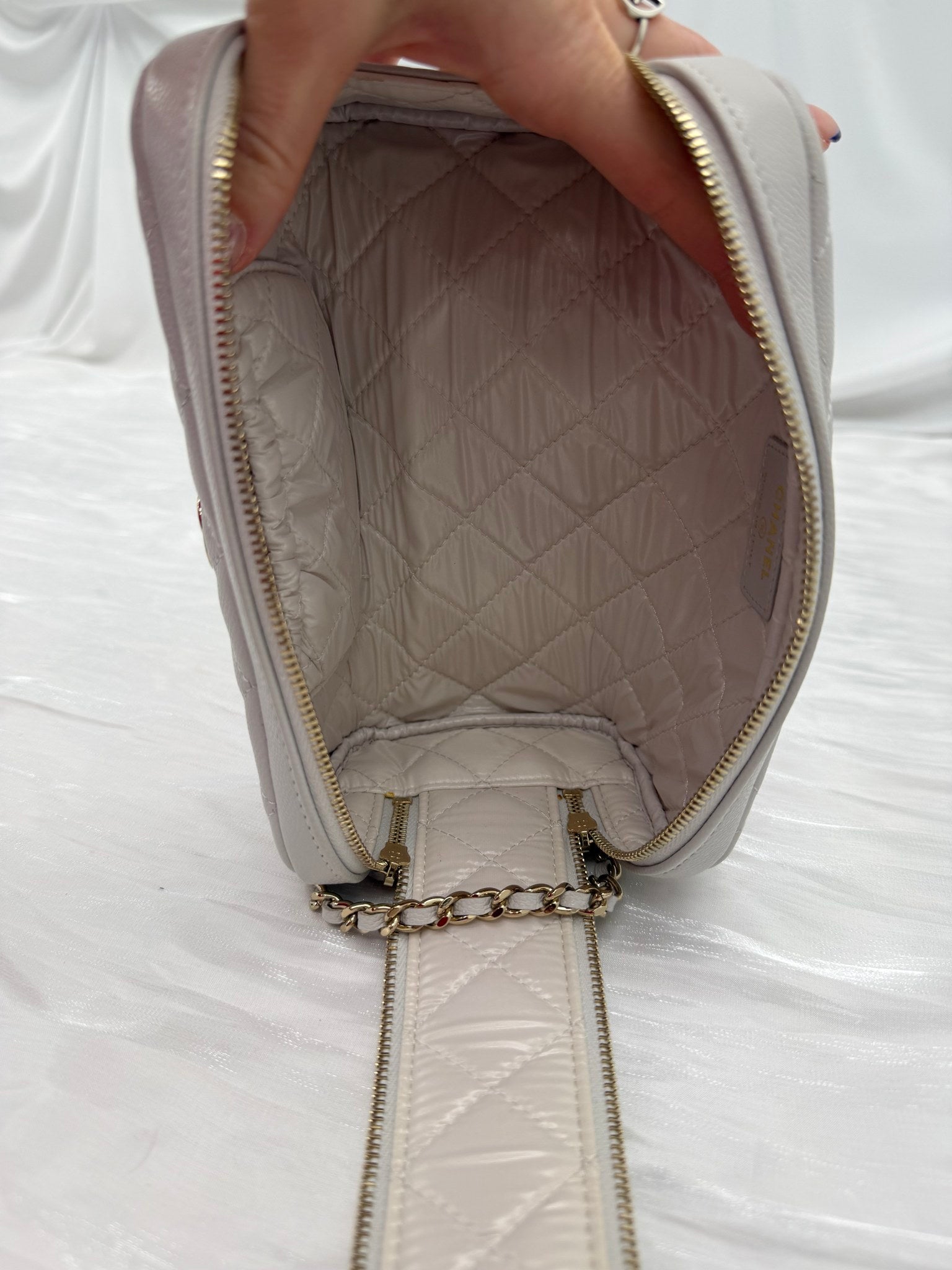 BRAND NEW- Chanel Gray Quilted Caviar Double Zip Cosmetic Case