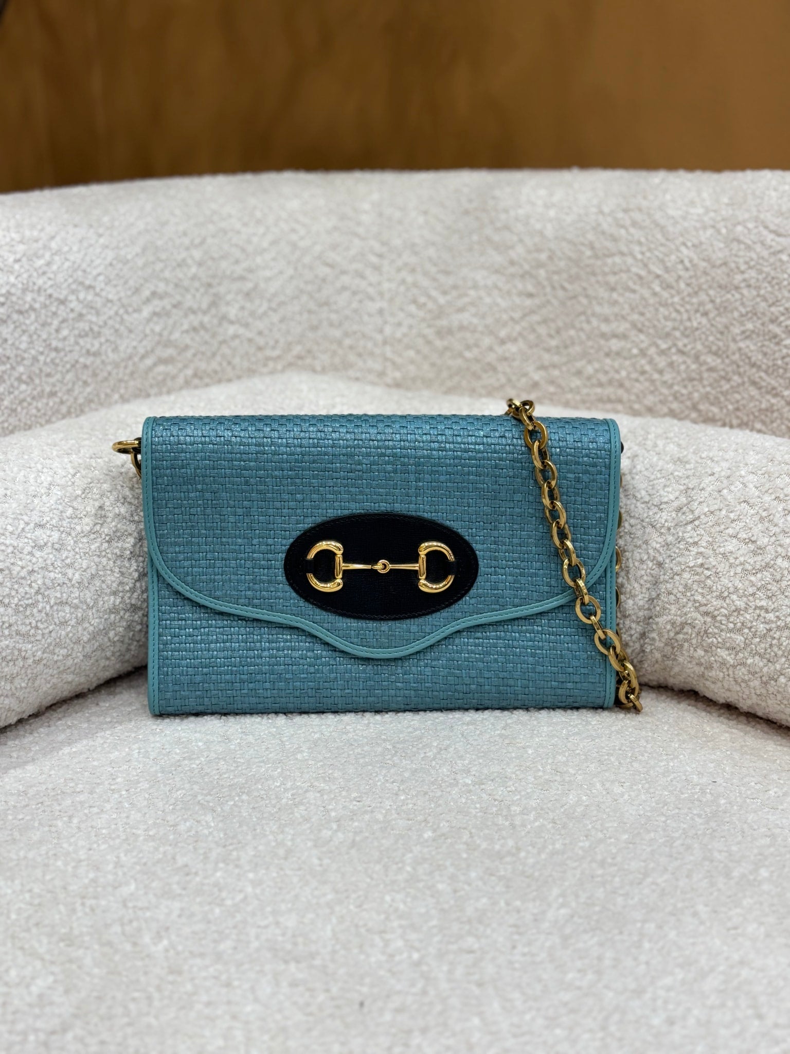 Gucci Blue Raffia Horsebit 1955 Curved Flap Bag
