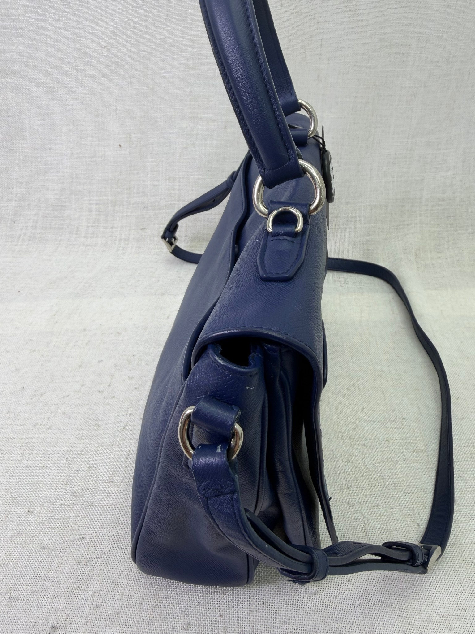 Prada Blue Saffiano Leather Righe Sound Lock Satchel Tote