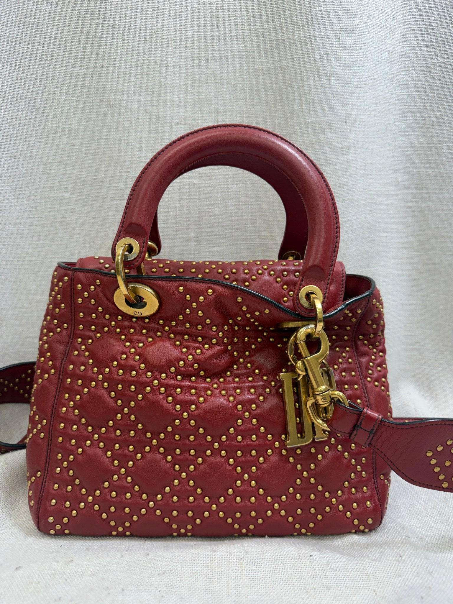 Christian Dior Burnt Red Leather Studded Medium Lady Dior Handbag