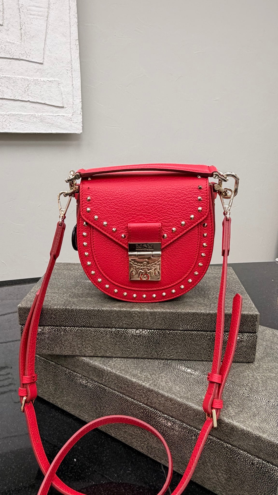 MCM Red Leather Studded Patricia 2way Bag