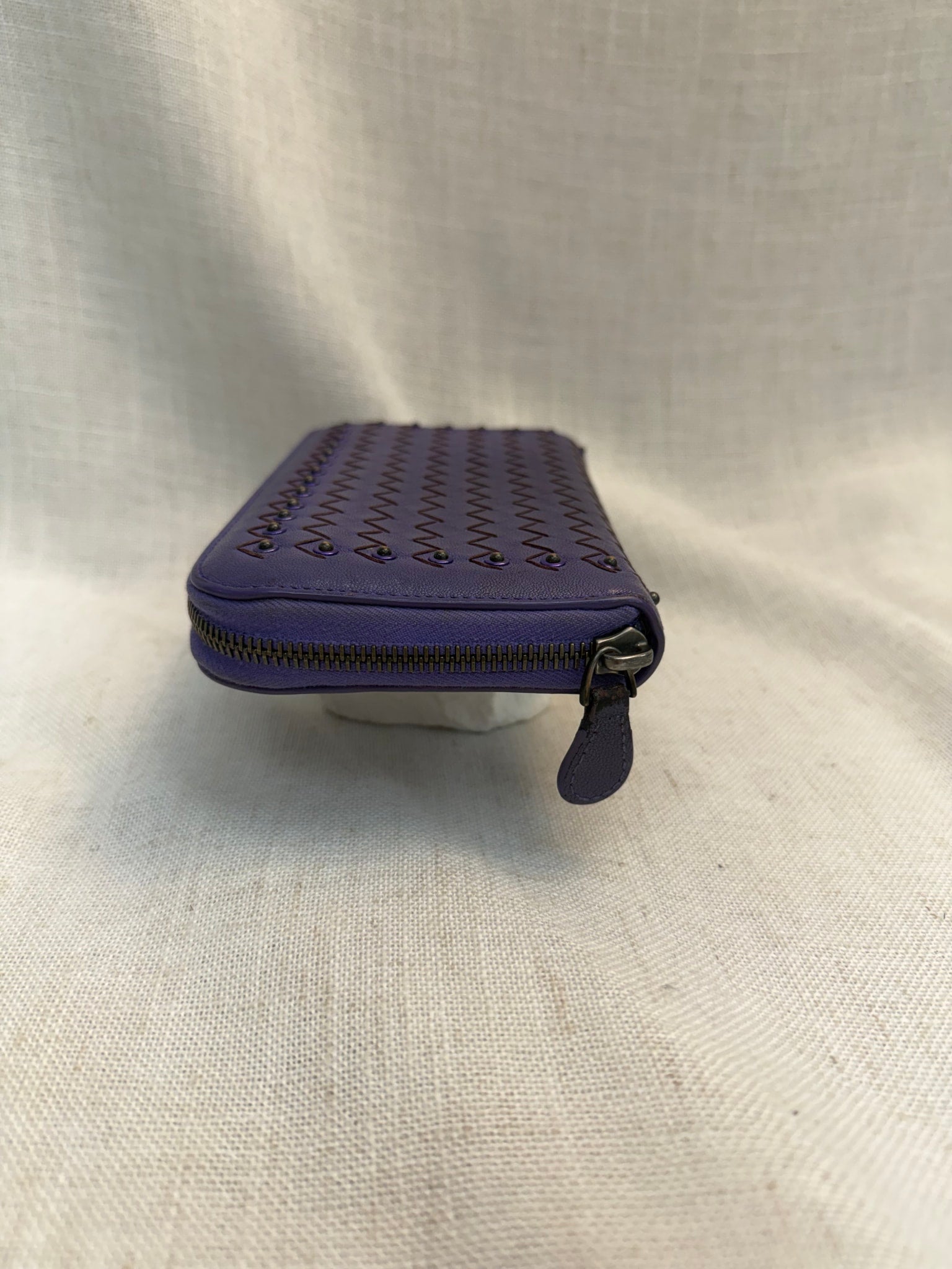 Bottega Veneta Purple Leather Studded Intrecciato Zippy Wallet
