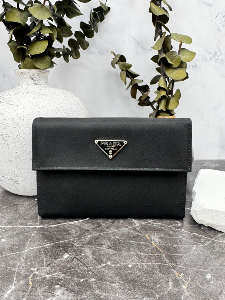 Prada Black Nylon Trifold Compact Wallet