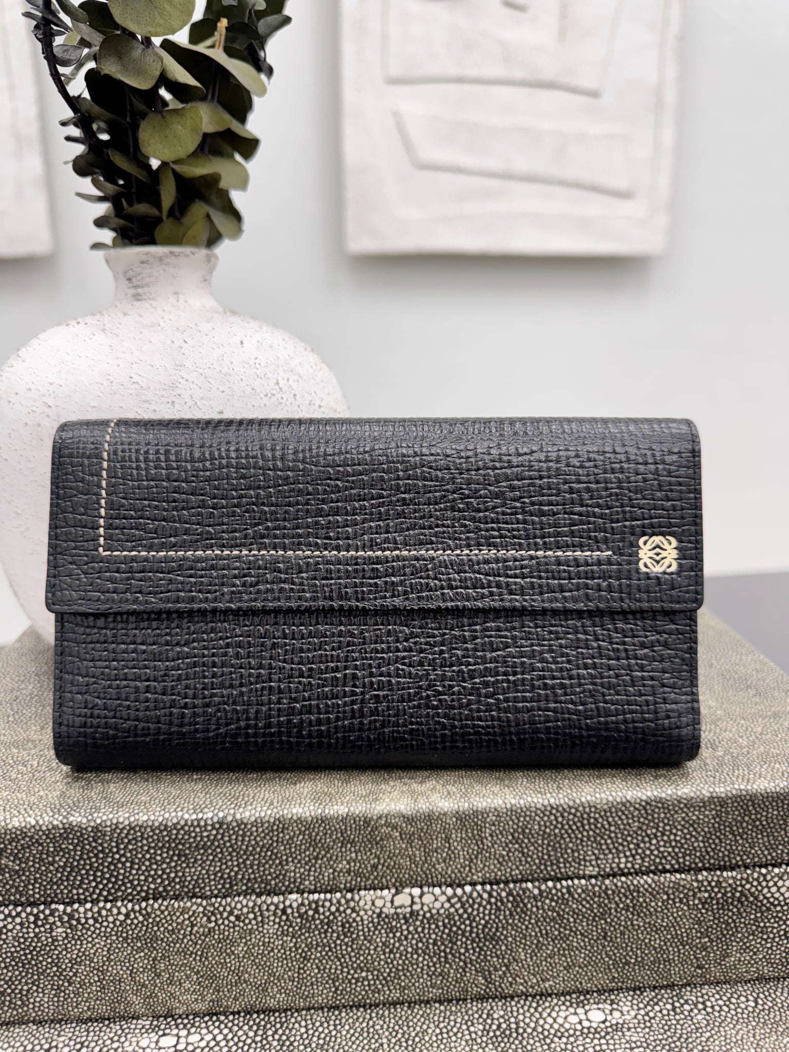 Loewe Black Grained Leather Long Wallet