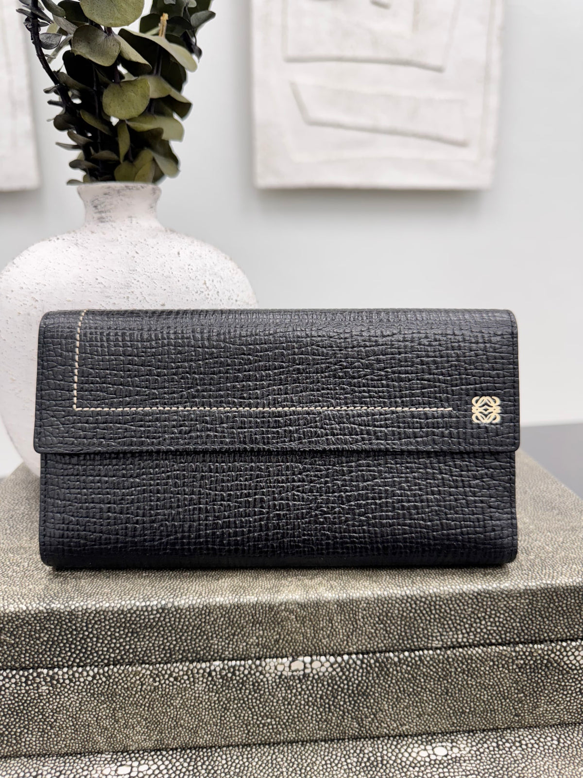 Loewe Black Grained Leather Long Wallet
