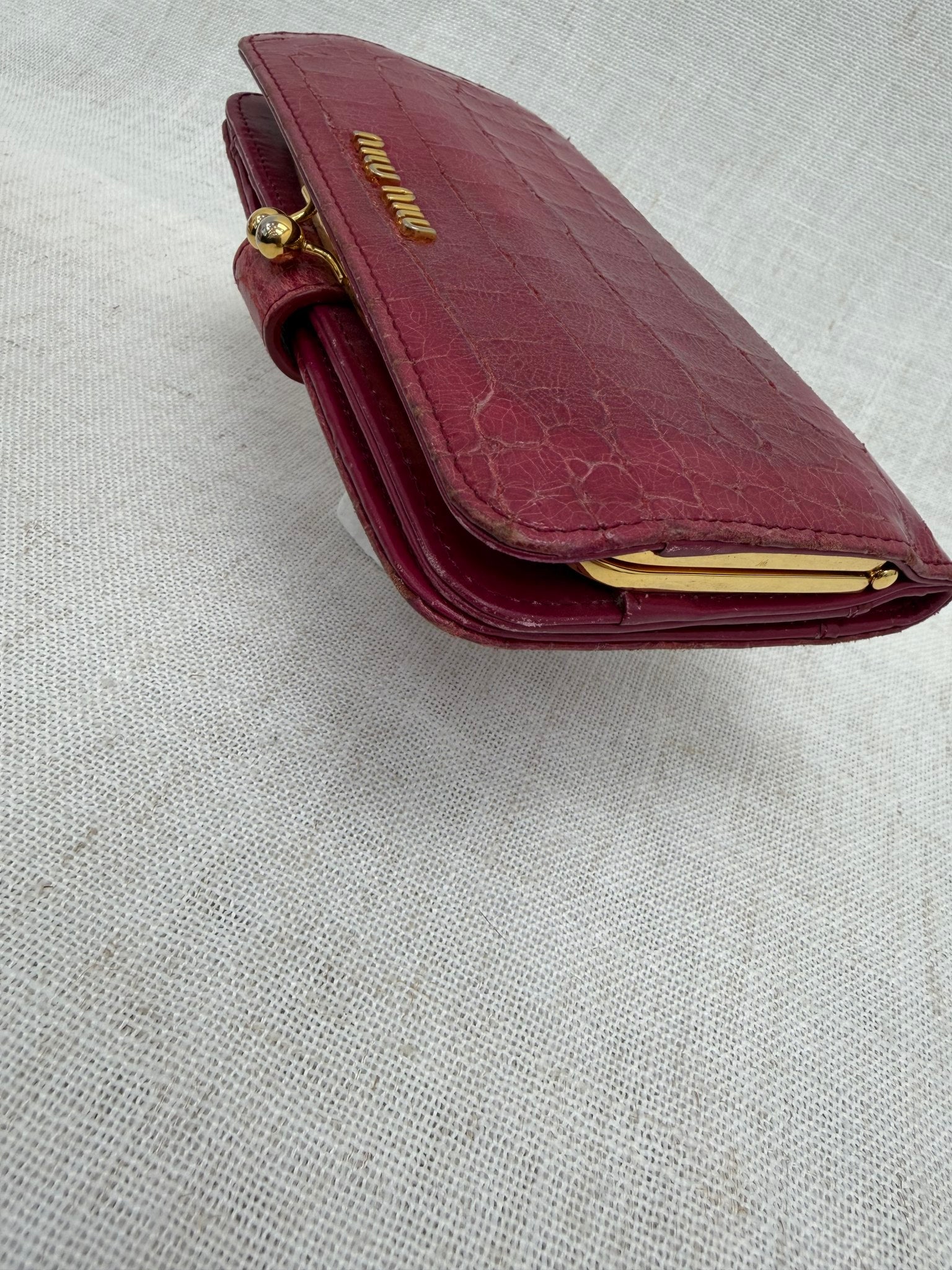 Miu Miu Dark Pink Crocodile Embossed Kiss Lock Wallet