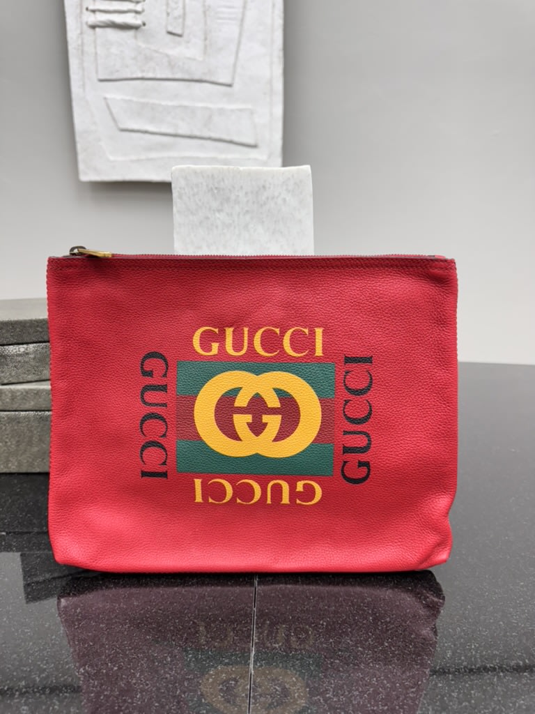 Gucci Red Logo Print Grained Leather Pouch