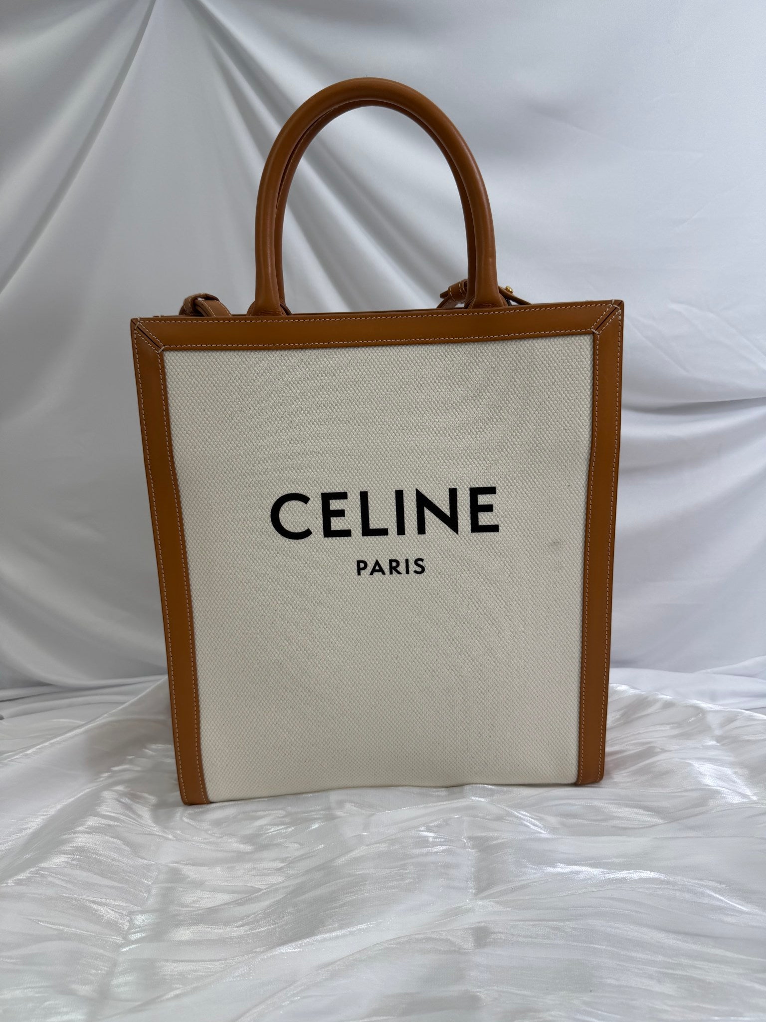 Celine Cream Canvas x Tan Leather Large Vertical Cabas