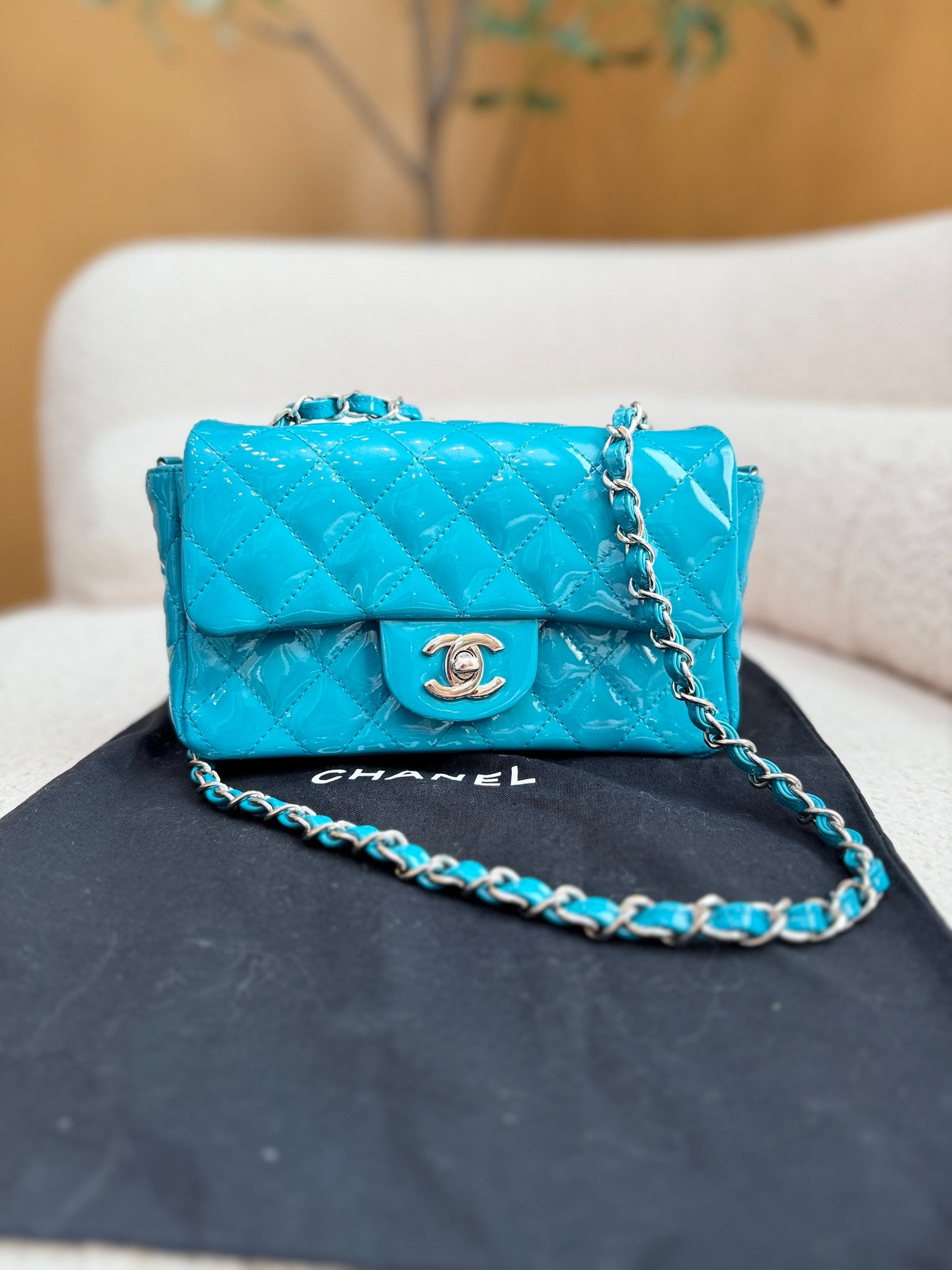 Chanel Teal Quilted Patent Leather Mini Flap Bag