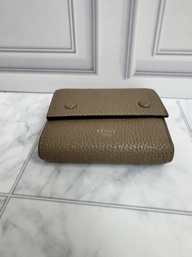 Celine Taupe And Red Pebbled Leather Compact Wallet